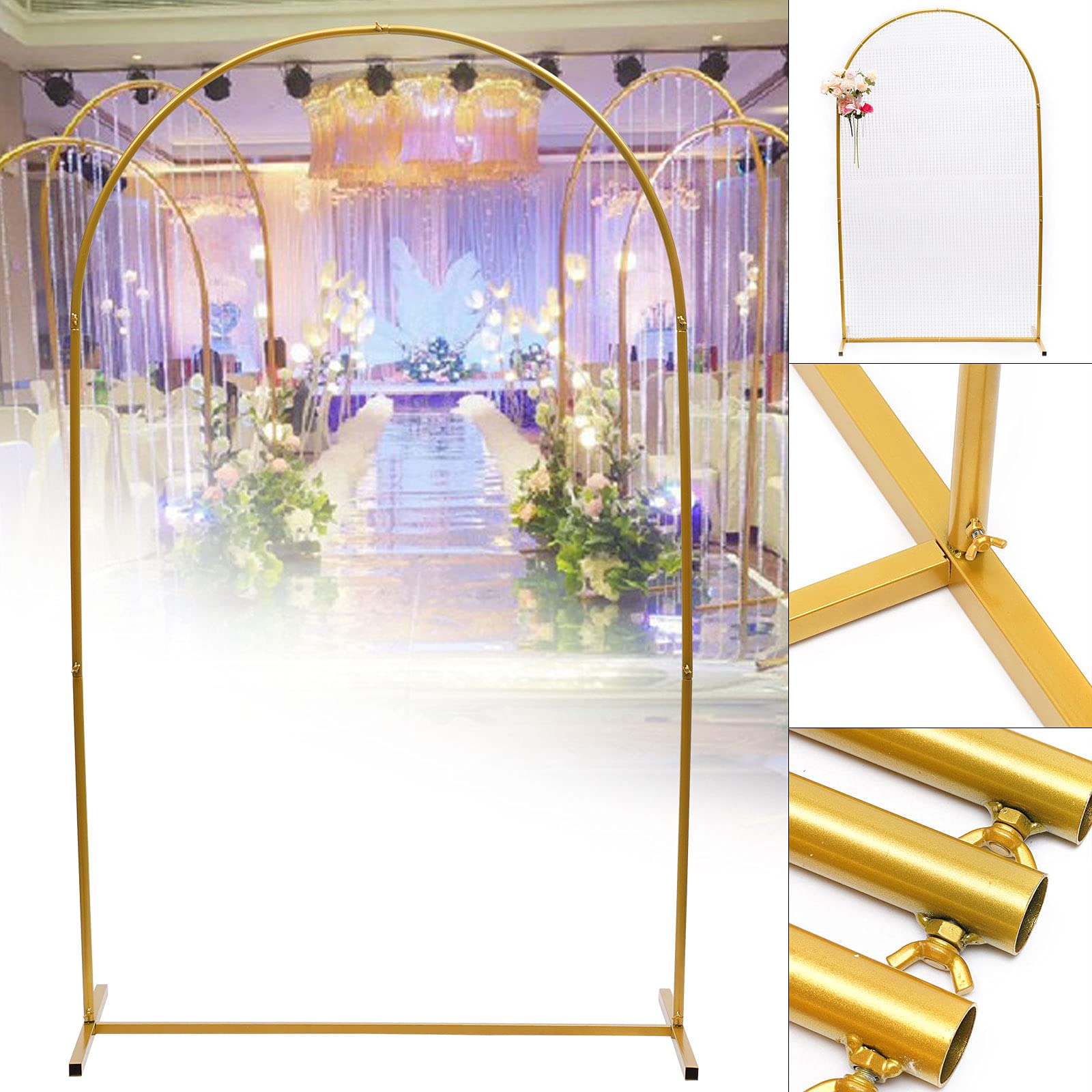 2M Gold Arch Wedding Backdrop Stand Set - Wrought Iron Grid Mesh Arch Frame for Wedding, Party, Mall & Garden Decor - Flower Plant Stand for Indoor/Outdoor Events
