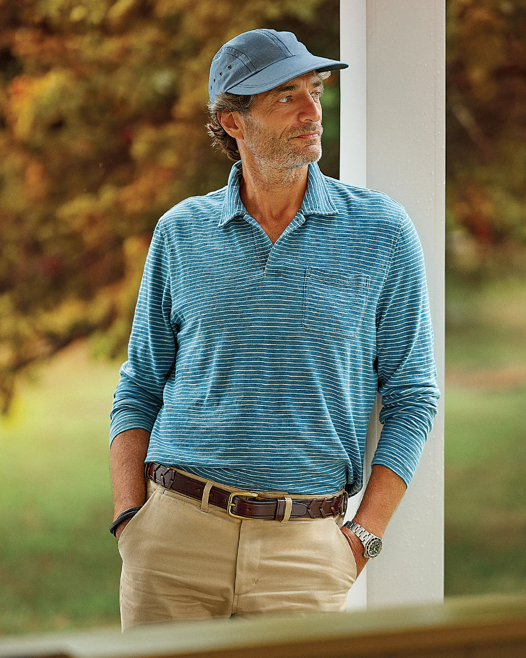 Men's Long Sleeve Indigo Polo Shirt - Blue & White Slub Stripe Cotton Casual Wear for Office, Golf & Everyday Outfits