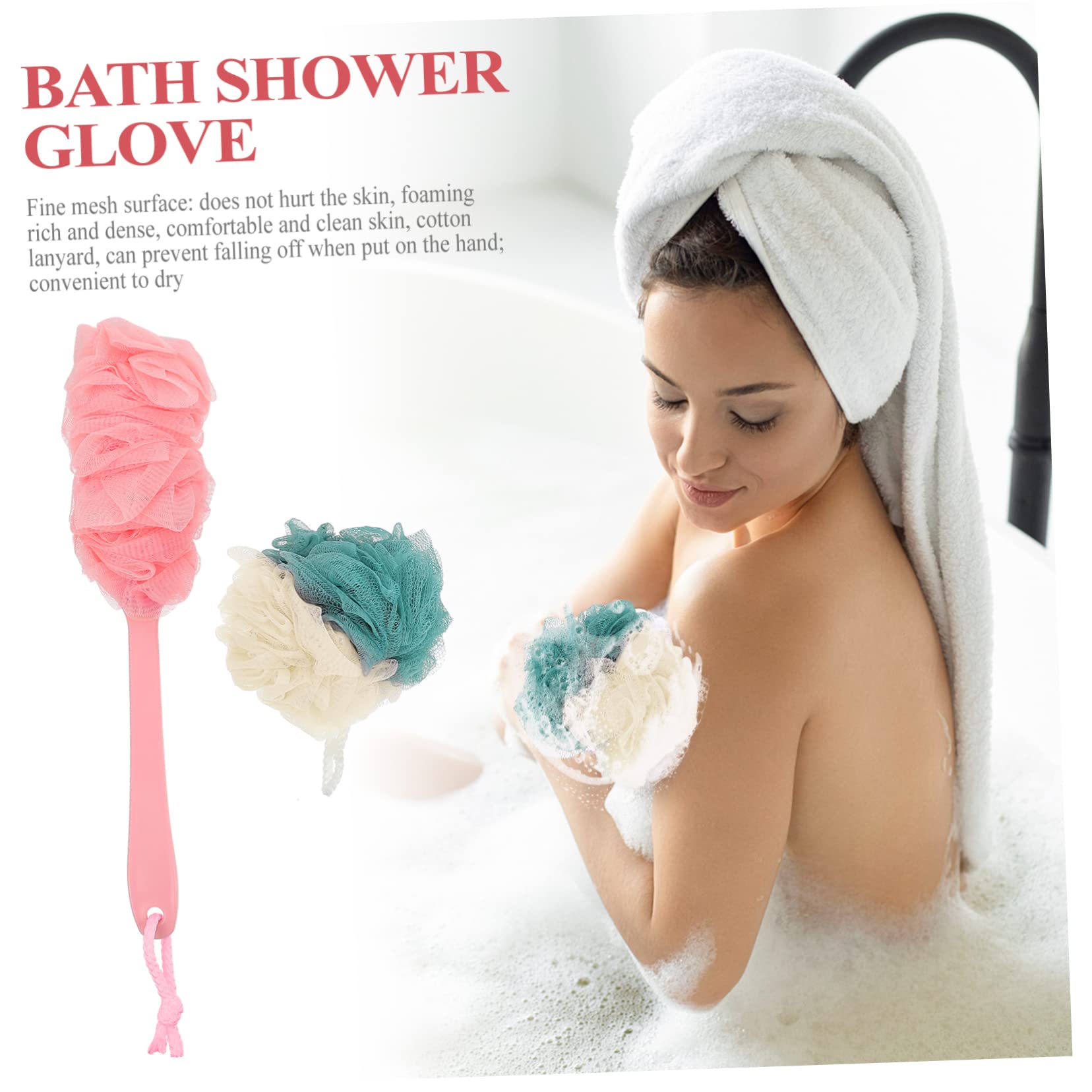FOMIYES 4-Piece Long Handle Bath Brush Set - Exfoliating Body Scrubber with Soft Pink Bath Balls & Ergonomic Handle for Easy Back Cleaning - Perfect for Shower, Spa, and Deep Skin Exfoliation