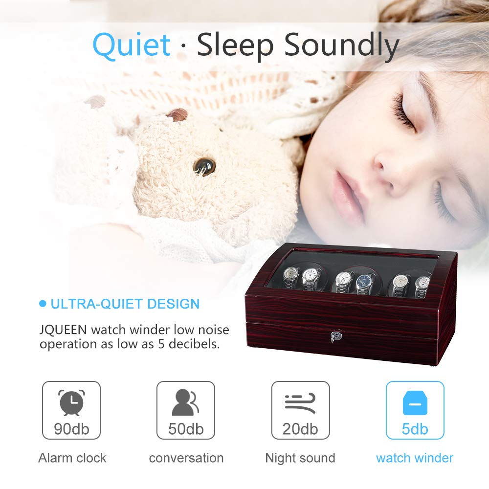 JQUEEN Automatic Watch Winder with 6 Watch Storage & 7 Watch Capacity - Ultra Quiet Japanese Motor & Soft Flexible Watch Pillows - Perfect for Luxury Watch Collection, Travel & Nightstand Storage