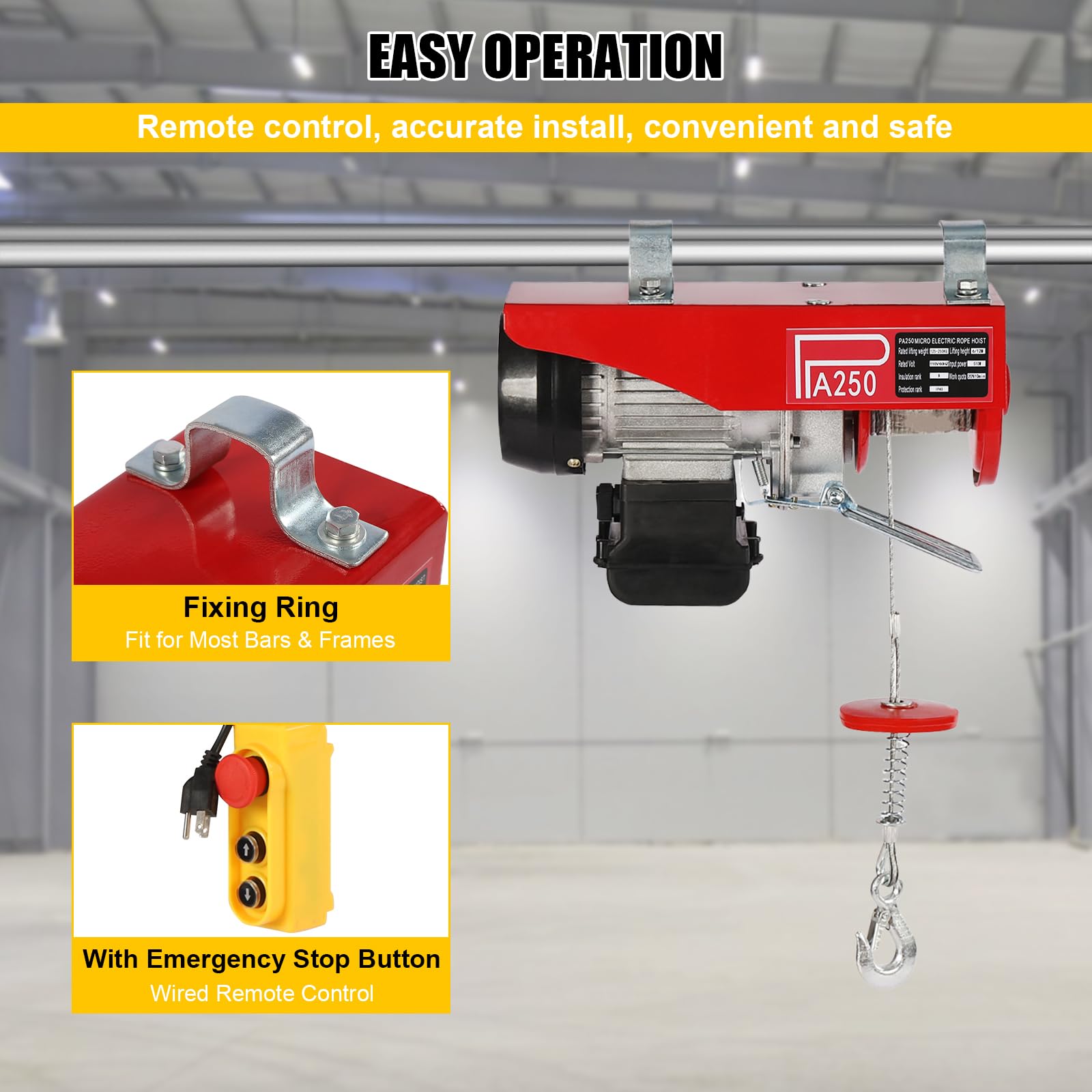 **551LBS Electric Hoist with Wired Remote Control – Single/Double Slings Winch for Attic, Warehouse & Construction – 110V Steel Electric Lift for Heavy Lifting in Factories, Garages & Workshops**