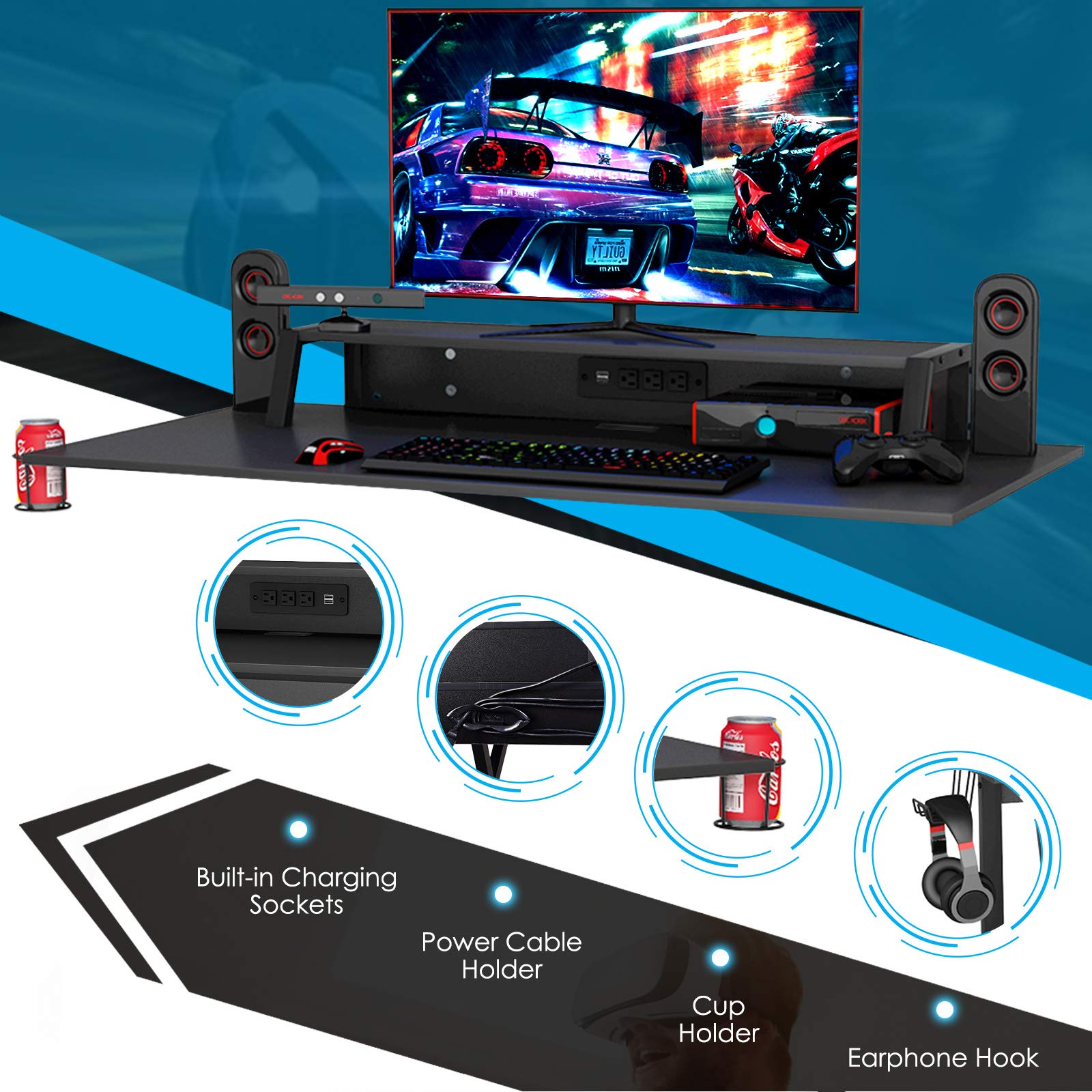 Tangkula Gaming Desk and Racing Chair Set - Ergonomic E-Sport Gamer Desk with Monitor Stand & Reclining Gaming Chair with Adjustable Height, Cup Holder, Headphone Hook - Perfect for PC Gaming Setup, Streaming Station, and Home Office Workspace