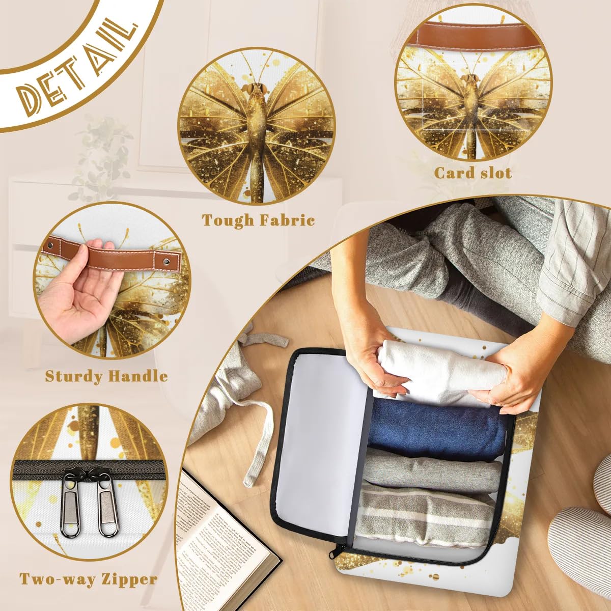 Gold Butterfly Storage Boxes with Sturdy Handles & Zipper Lid - 2 Pack Organizer Bins for Clothing, Toys, and Home Organization | Perfect for Bedroom, Closet, and Kids Room Storage
