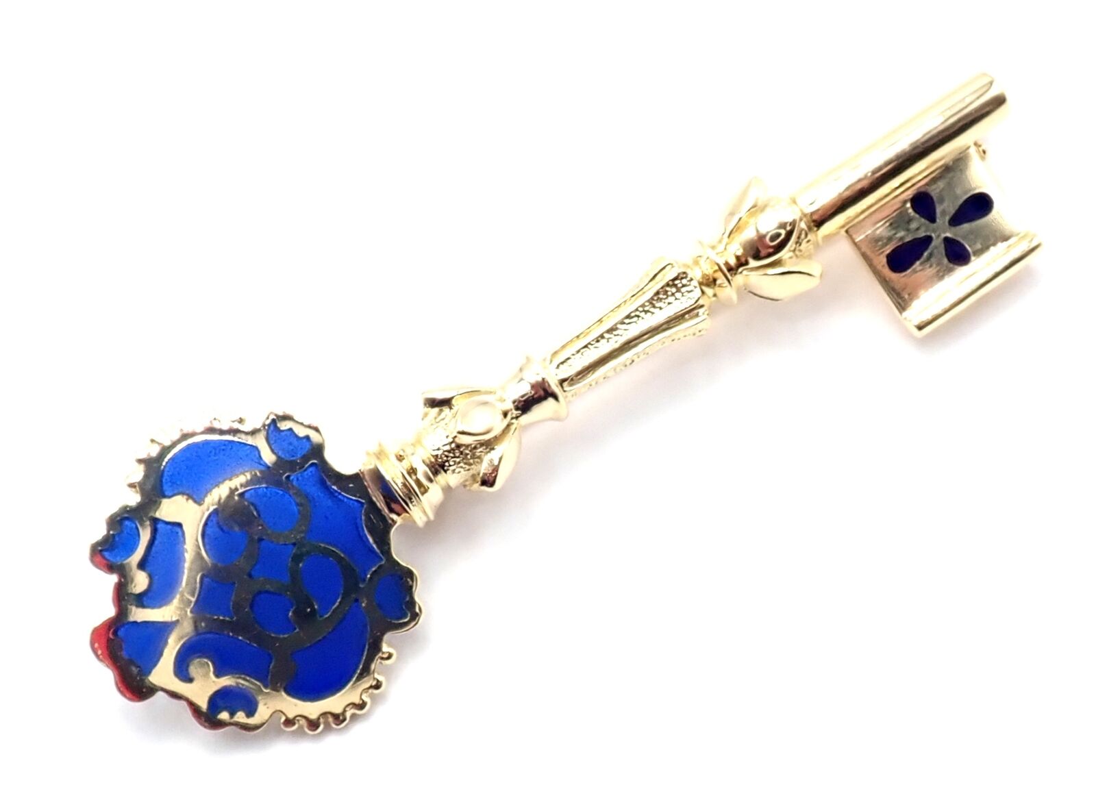 Authentic Vintage Mikimoto 18k Yellow Gold Blue Enamel Key Brooch Pin - Elegant Jewelry Gift for Women, Perfect for Weddings, Parties & Special Occasions
