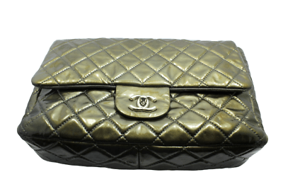 Authentic 2008 Chanel Classic Jumbo Quilted Patent Leather Handbag in Rare Olive Green - Luxury Designer Purse for Women, Perfect for Evening Events & Special Occasions