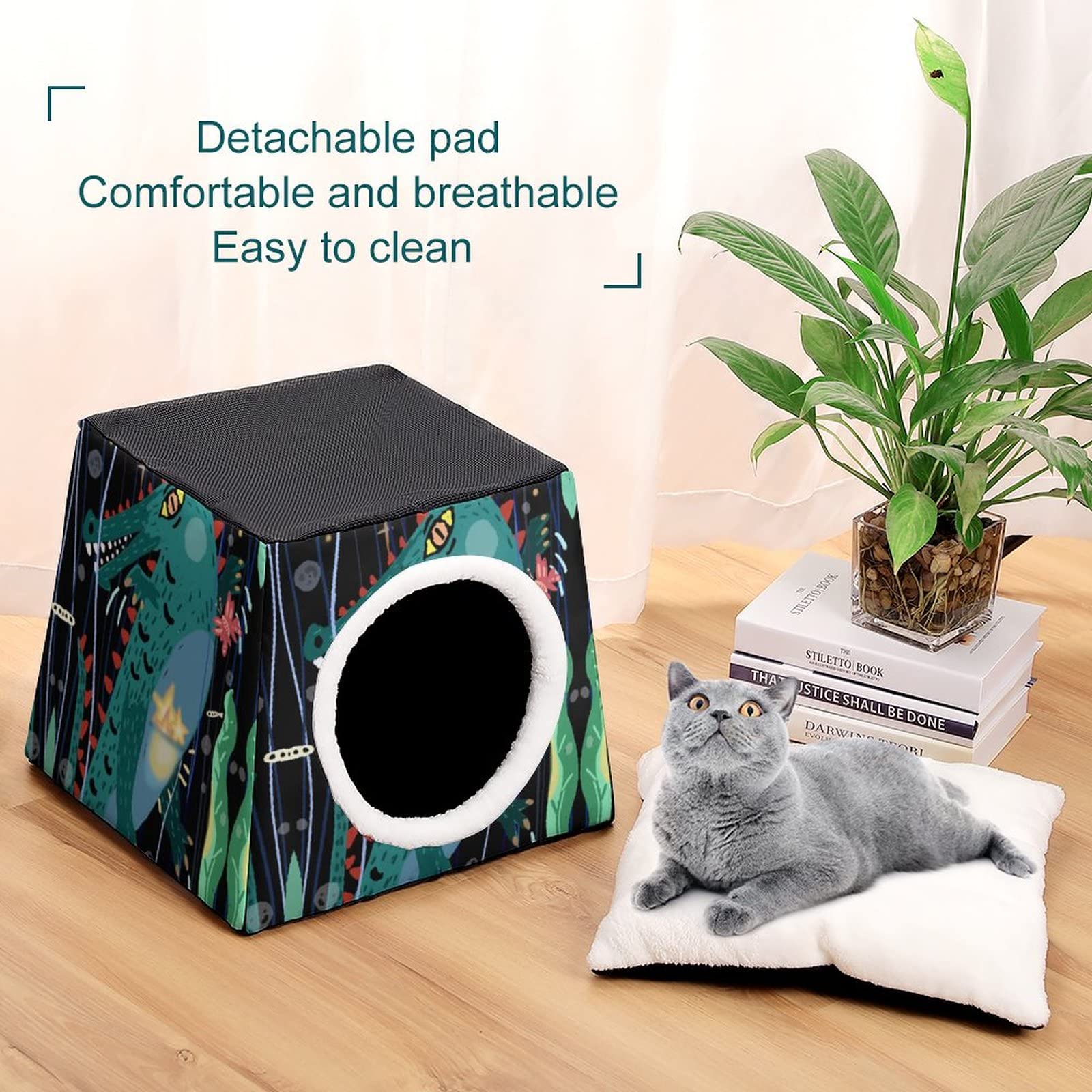 Printed Cat Houses & Condos - Foldable Cat Cube Bed with Removable Pillow in Crocodile Green | Cozy Pet Sofa for Indoor Cats, Perfect for Napping & Play
