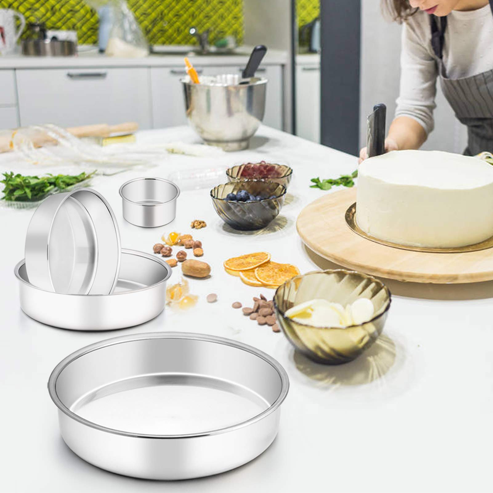TeamFar Stainless Steel Round Cake Pan Set (4'', 6'', 8'', 9.5'') - Heavy Duty Tiered Baking Pans for Cakes, Steaming & Serving | Oven & Dishwasher Safe | Perfect for Birthday Cakes, Wedding Cakes & Home Baking (Set of 4)