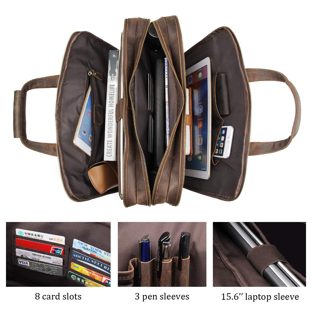 Augus Genuine Leather Briefcase for Men - Professional Business Travel Messenger Bag with YKK Metal Zipper - Fits 15.6 Inch Laptop - Brown - Perfect for Office, Commuting and Business Trips