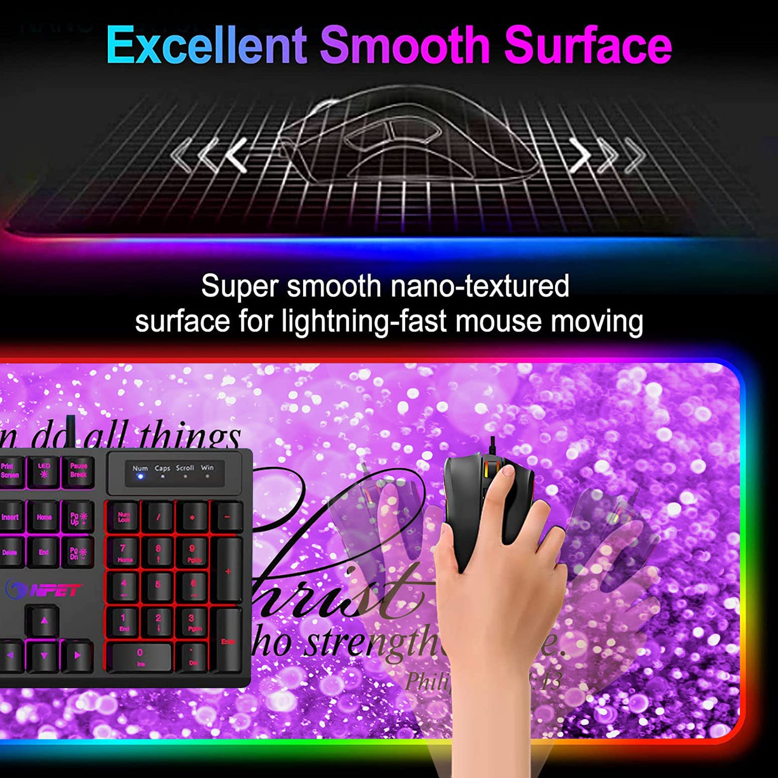 RGB Gaming Mouse Pad with LED Lights - Large Non-Slip Desk Mat for Keyboard & Mouse - Waterproof Optical Surface - Purple Bible Verse Design (Philippians 4:13) - Perfect for PC Gaming, Office Work & Home Computer Setup