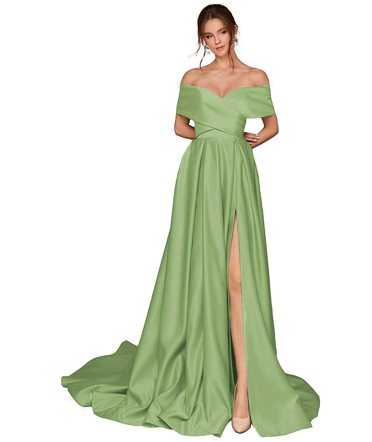 Clovile Women's Off The Shoulder Prom Dress - Elegant Satin Long Evening Gown with Thigh High Slit & Pockets for Homecoming, Wedding Guest, or Formal Events