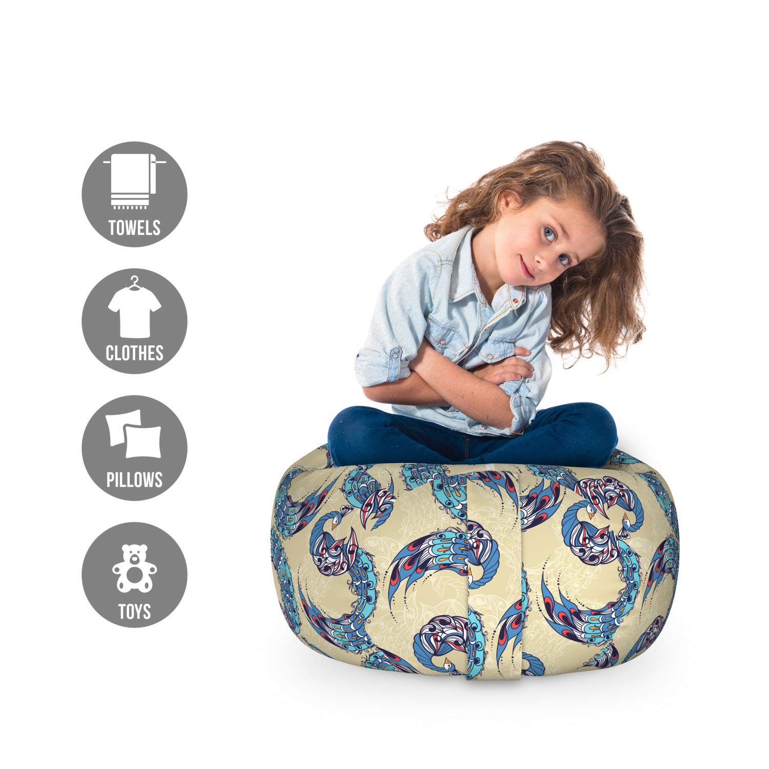 Ambesonne Washable Toy Storage Bag Chair - Abstract Japanese Peacock Design, Small Grey Yellow Multicolor Organizer for Stuffed Animals | Perfect for Kids' Room, Nursery & Playroom Organization