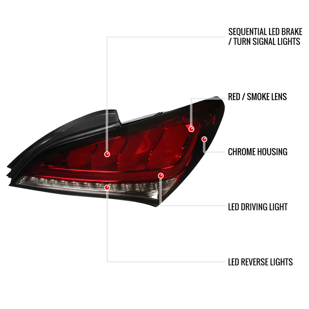 Genesis Coupe LED Tail Lights - Red Smoke Sequential Turn Signals & Brake Lights (Fits 2010-2016 Models) - Upgrade Your Ride with Enhanced Visibility & Style for Night Driving & Custom Car Shows