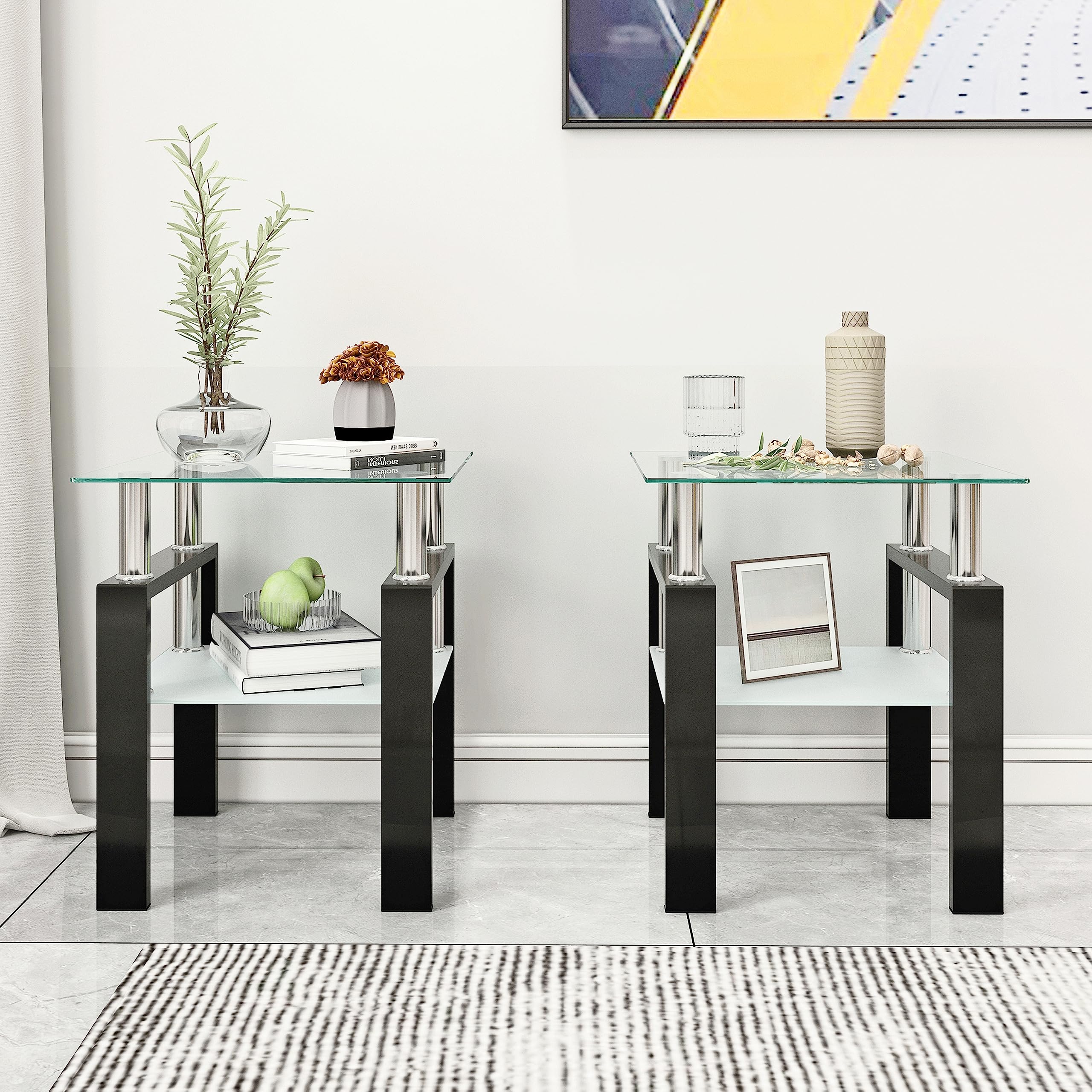 3 Piece Modern Living Room Table Set - Tempered Glass Coffee Table & End Tables with Sturdy Metal Legs, Black Frame & Clear Glass Top - Perfect for Living Room, Bedroom, Office or Dorm Decor (Style 1)