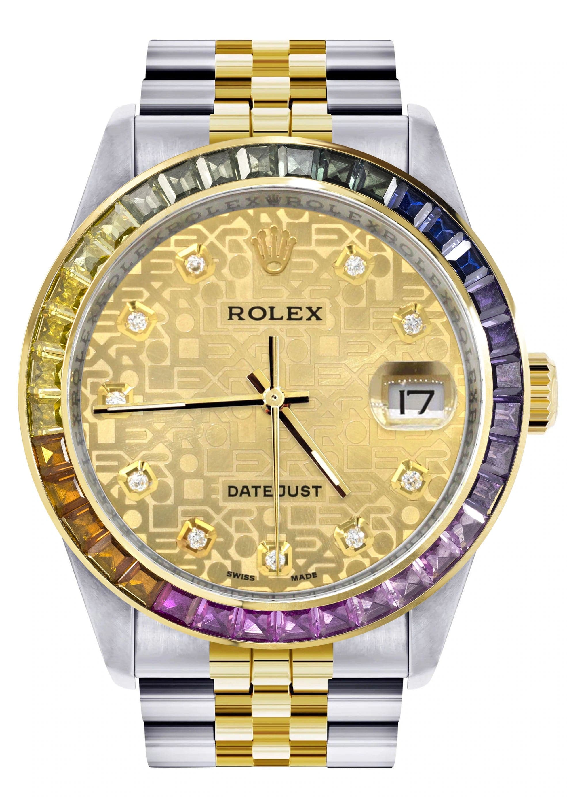 Luxury Diamond Gold Rolex Watch For Men 16233 | 36mm Swiss Automatic | Rainbow Sapphire Bezel | Gold Dial | Jubilee Bracelet | Perfect for Business, Gifts & Special Occasions