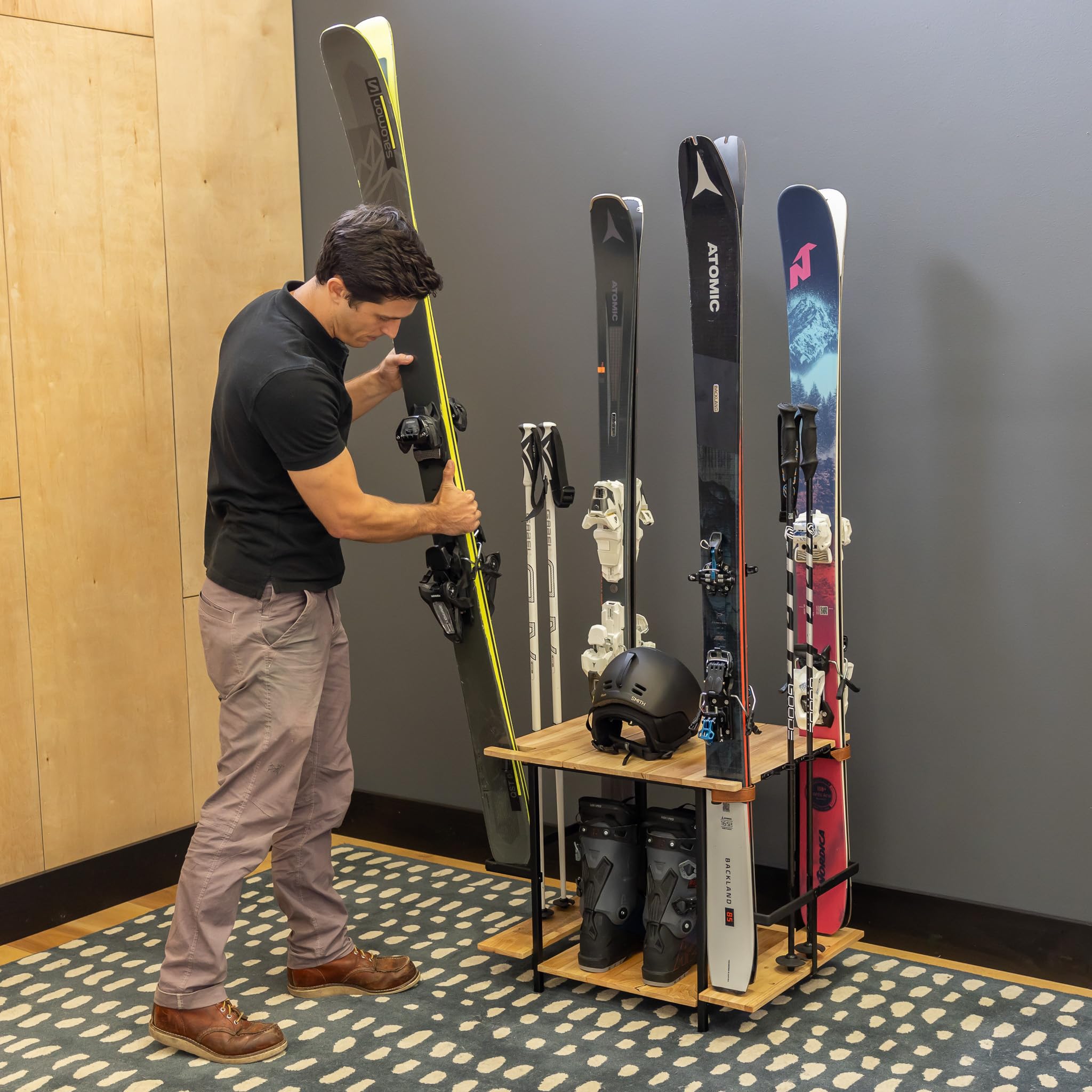 Teal Triangle Freestanding Ski Organizer - Floor Stand Storage Rack for 4 Skis, Poles, Boots & Bags | Space-Saving Ski Gear Storage for Entryways, Garages & Ski Resorts