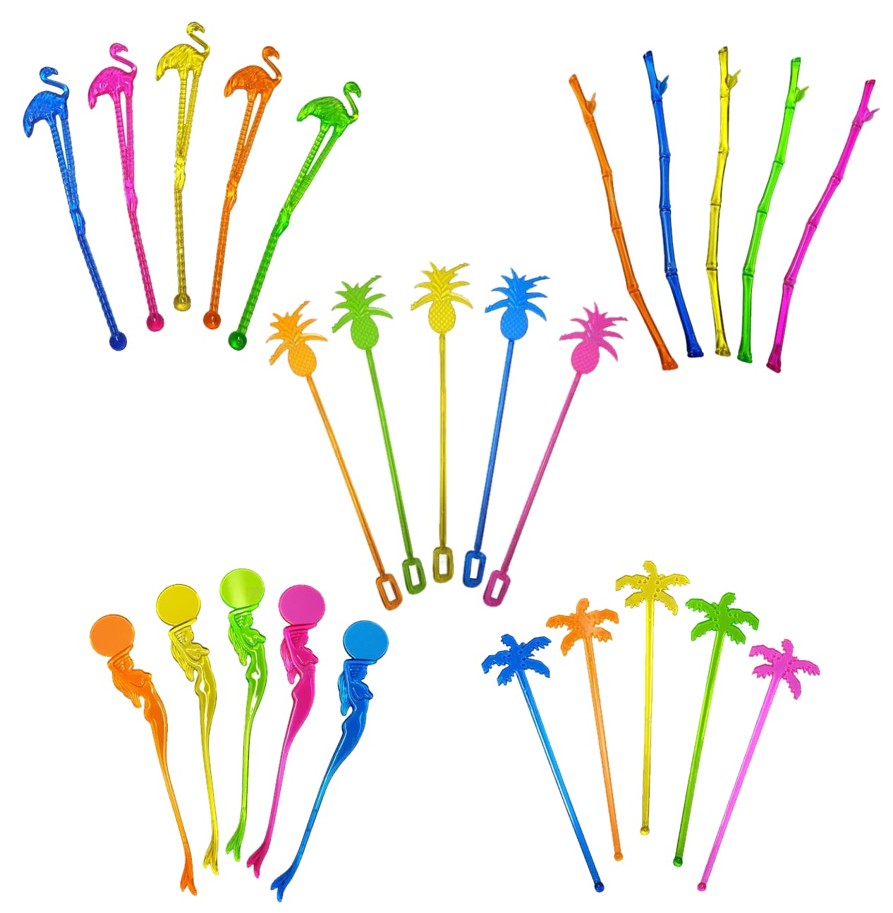 25 Assorted Tropical Luau Tiki Drink Stir Swizzle Sticks Bar - Palm Tree, Margarita, Frozen Drink Cocktail, Flamingo - Perfect for Pool Parties, Hawaiian Themed Events & Summer Cocktail Decorations