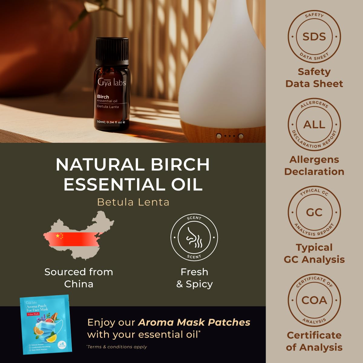 Gya Labs 100% Pure Birch Essential Oil - 0.34 Fl Oz Natural Aromatherapy Oil for Diffusers, Skin Care, Massage, Perfume & Candle Making - Sweet Minty Camphor Scent - Perfect for Relaxation, Stress Relief & Home Fragrance