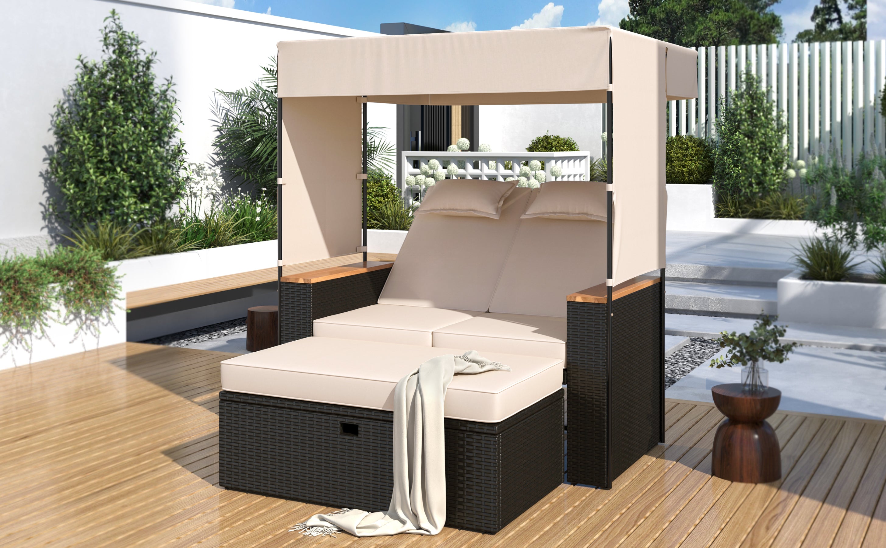 2-Piece Outdoor Rattan Daybed with 5 Adjustable Positions - Patio Loveseat Sofa Set for Poolside, Garden, or Backyard Relaxation