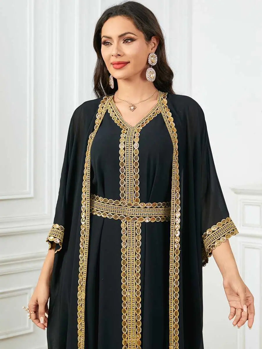 Elegant Eid Chiffon 2-Piece Caftan Dress Set with Sleeveless Inner Dress - Perfect for Muslim Women's Holiday Celebrations, Special Occasions & Summer Outfits