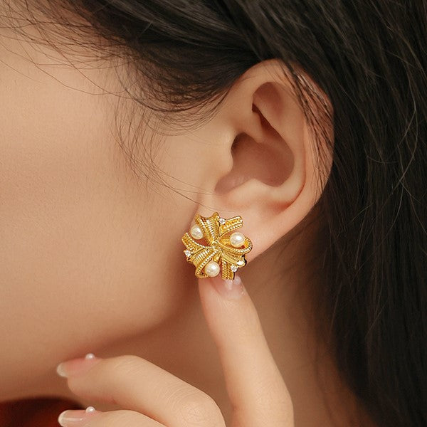 Vintage Metallic Pearl Stud Earrings for Women - DMS217 | Classic Elegant Jewelry Gift for Birthday, Anniversary & Special Occasions