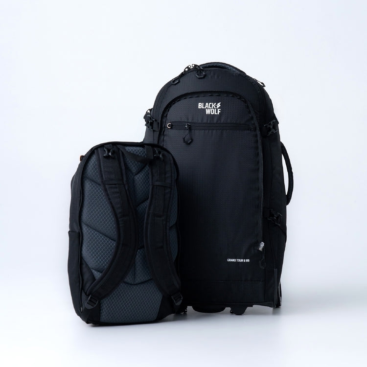 65L (+20L) Black Wolf Grand Tour II Wheeled Duffle Bag with Backpack Straps - Travel, Camping & Outdoor Adventures Gear