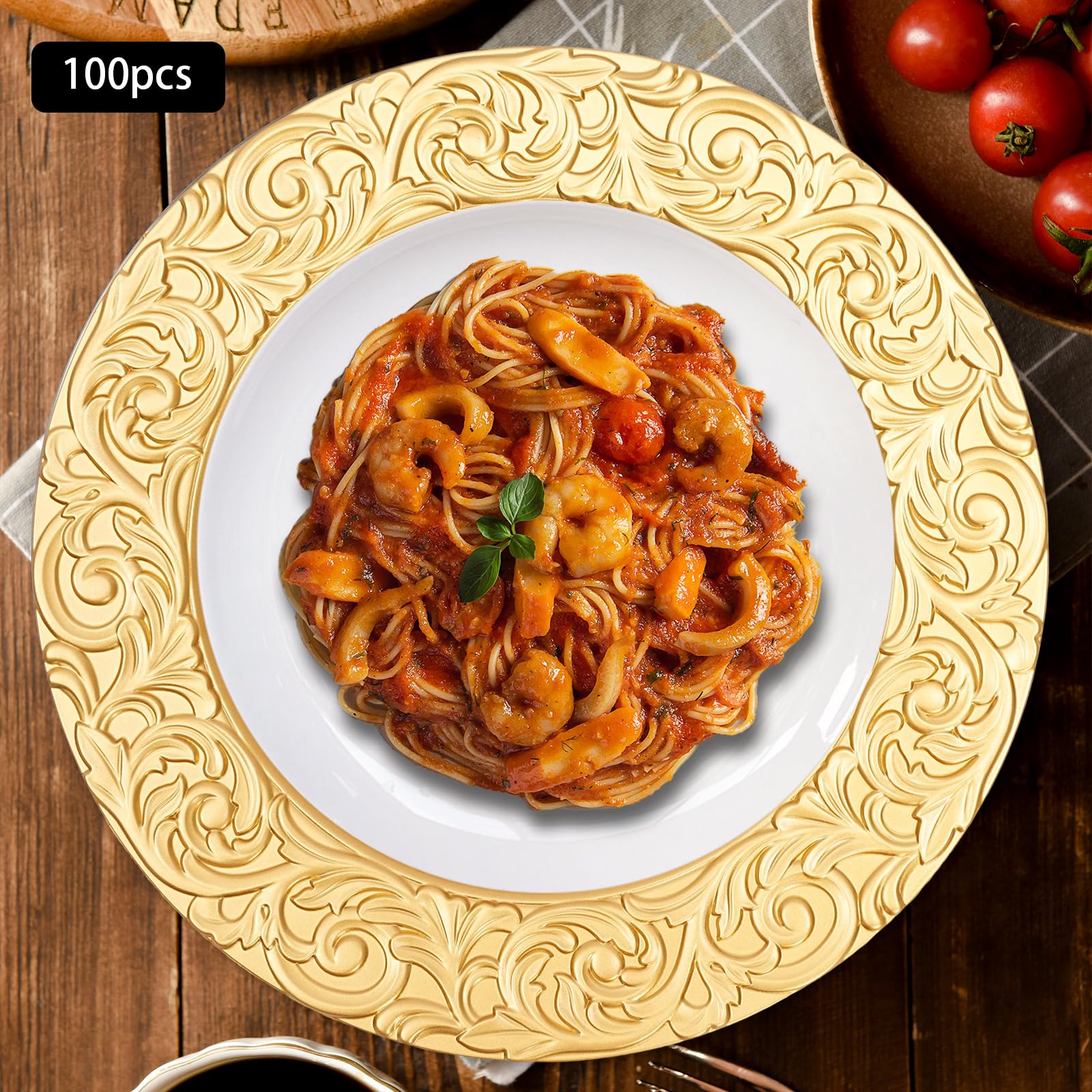 100-Pack 13-Inch Gold Plastic Charger Plates - Elegant Round Dinner Plates for Wedding, Party & Table Decor - Dishwasher Safe & Durable - Perfect for Formal Dinners, Banquets & Special Events