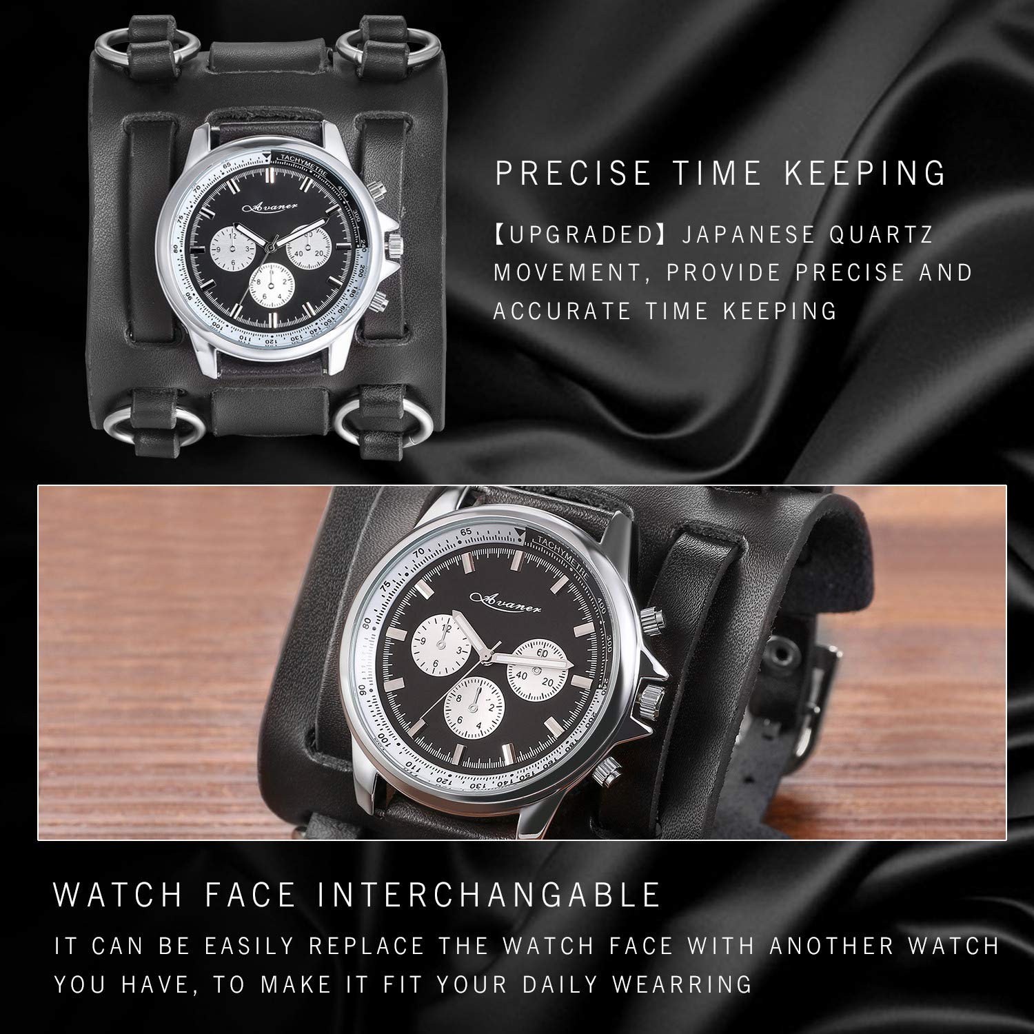 Men's Steampunk Retro Black Leather Cuff Bracelet Watch - Large Round Face Analog Quartz Sport Watch with Japanese Movement - Perfect for Vintage Fashion, Rock Concerts & Gothic Style Outfits