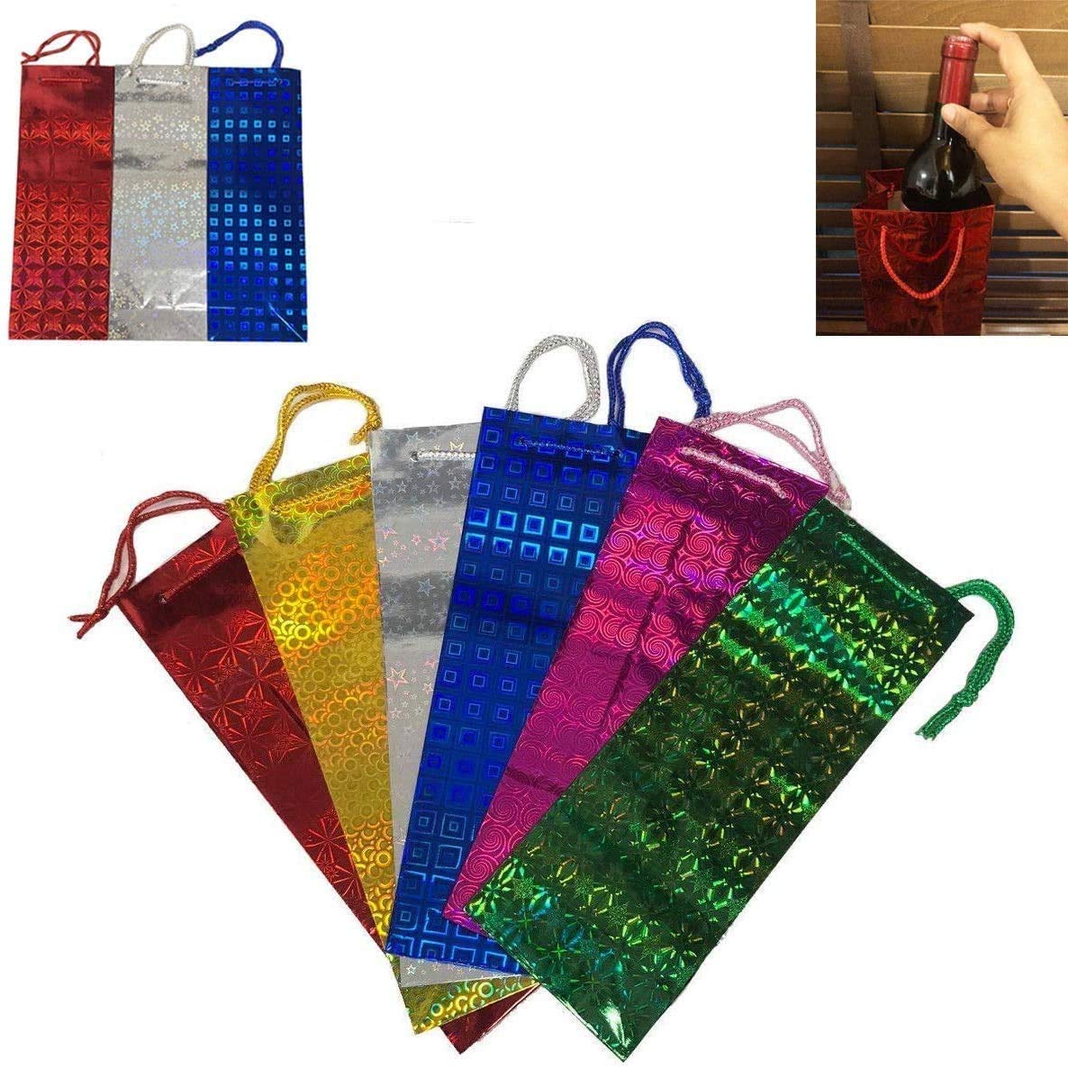 50 Pack Holographic Christmas Wine Bottle Gift Bags - Bulk Wholesale Xmas Wrapping Supplies for Holiday Parties, Corporate Gifts & Festive Celebrations