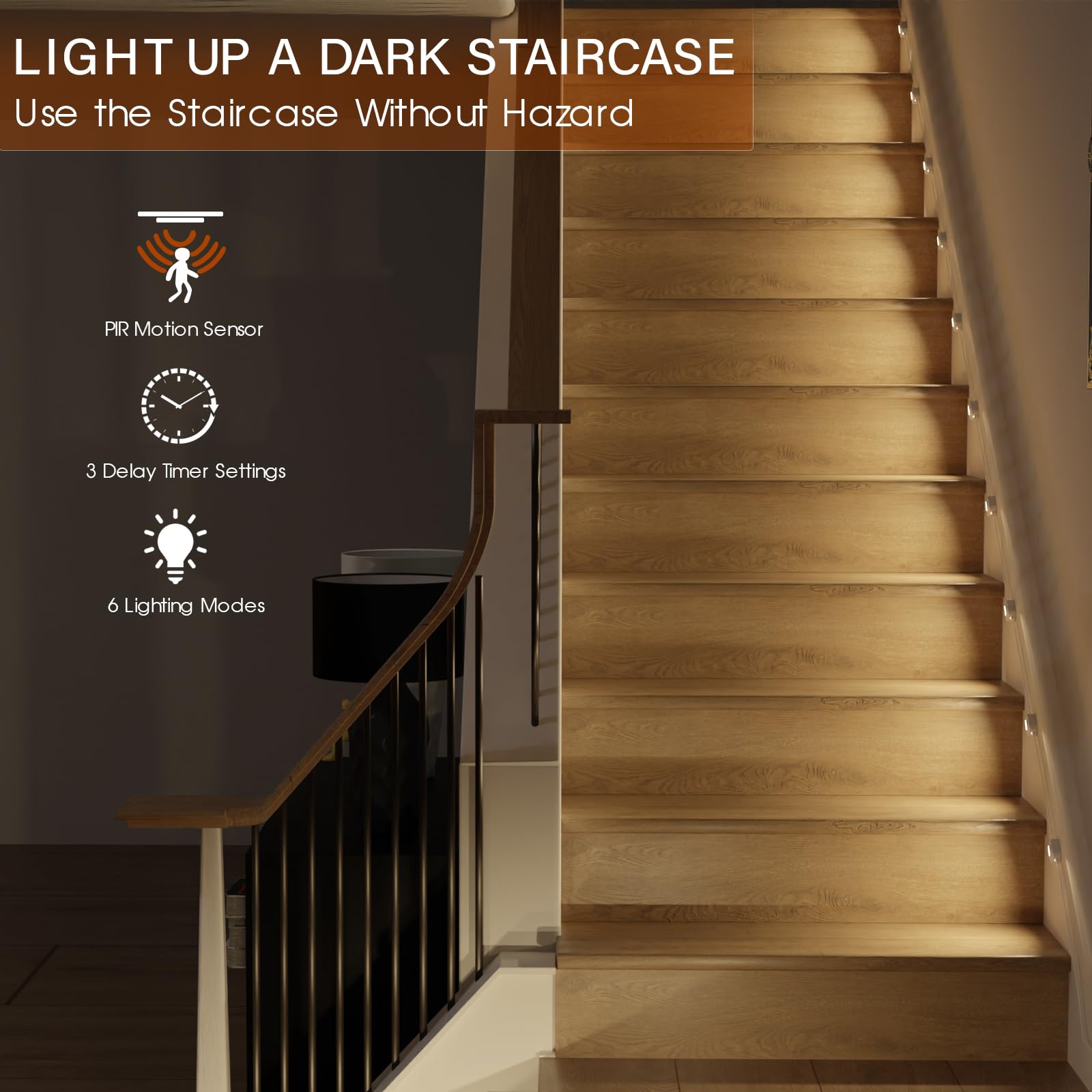 Smart Motion Sensor Stair Lights - Plug-in Indoor Stairway Lighting with Cascading Effect, Dimmable 3000K-6000K Warm to Cool White (16 Steps) - Perfect for Hallways, Bedrooms, and Safe Nighttime Navigation
