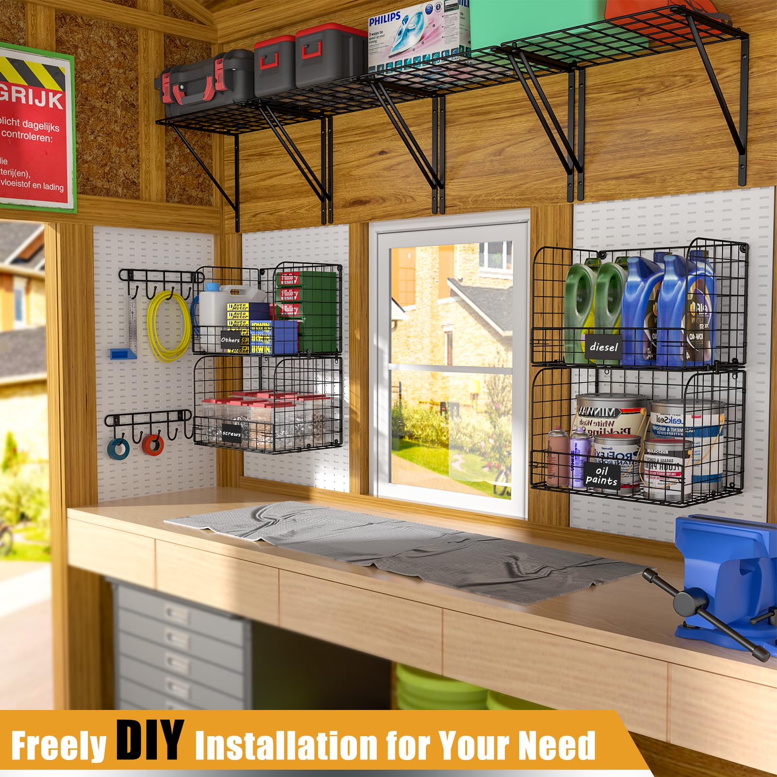 2 Pack Heavy Duty Wall Mounted Garage Shelves with Wire Baskets & Hooks - Sturdy Metal Storage Shelving for Tools, Garden Supplies & Garage Organization - Perfect for Home, Workshop & DIY Storage Solutions