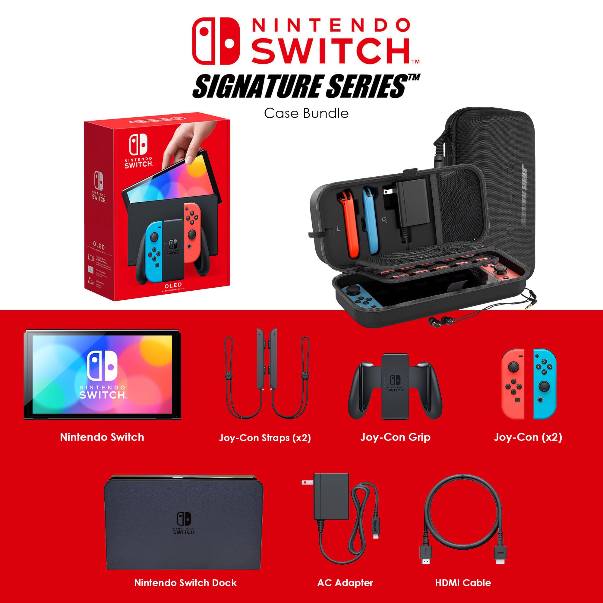 Nintendo Switch OLED Model (Neon Red/Blue) Bundle with Extra Joy-Con, Dock & Accessories | Includes Signature Series Case & Earphones | Perfect for Gaming on the Go, Travel & Family Entertainment