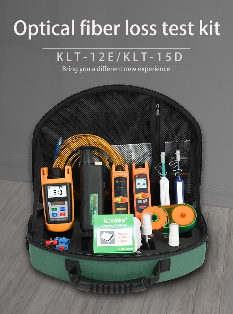 Komshine KLT-12E Fiber Optic Loss Test Kit with Power Meter & VFL | Includes KFM-200 Microscope, KCC-600 Cleaning Box | Ideal for Network Installation & Maintenance (KLT-15D)