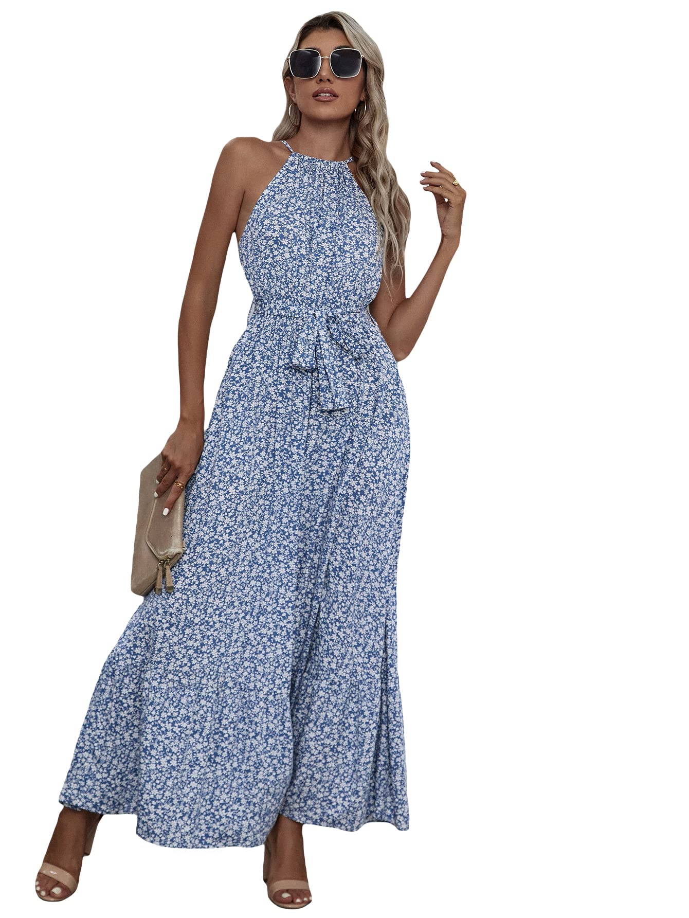 MakeMeChic Women's Floral Print Halter Neck Sleeveless Flowy Maxi Summer Dress with Adjustable Belt - Beach Wedding, Vacation, Party Wear
