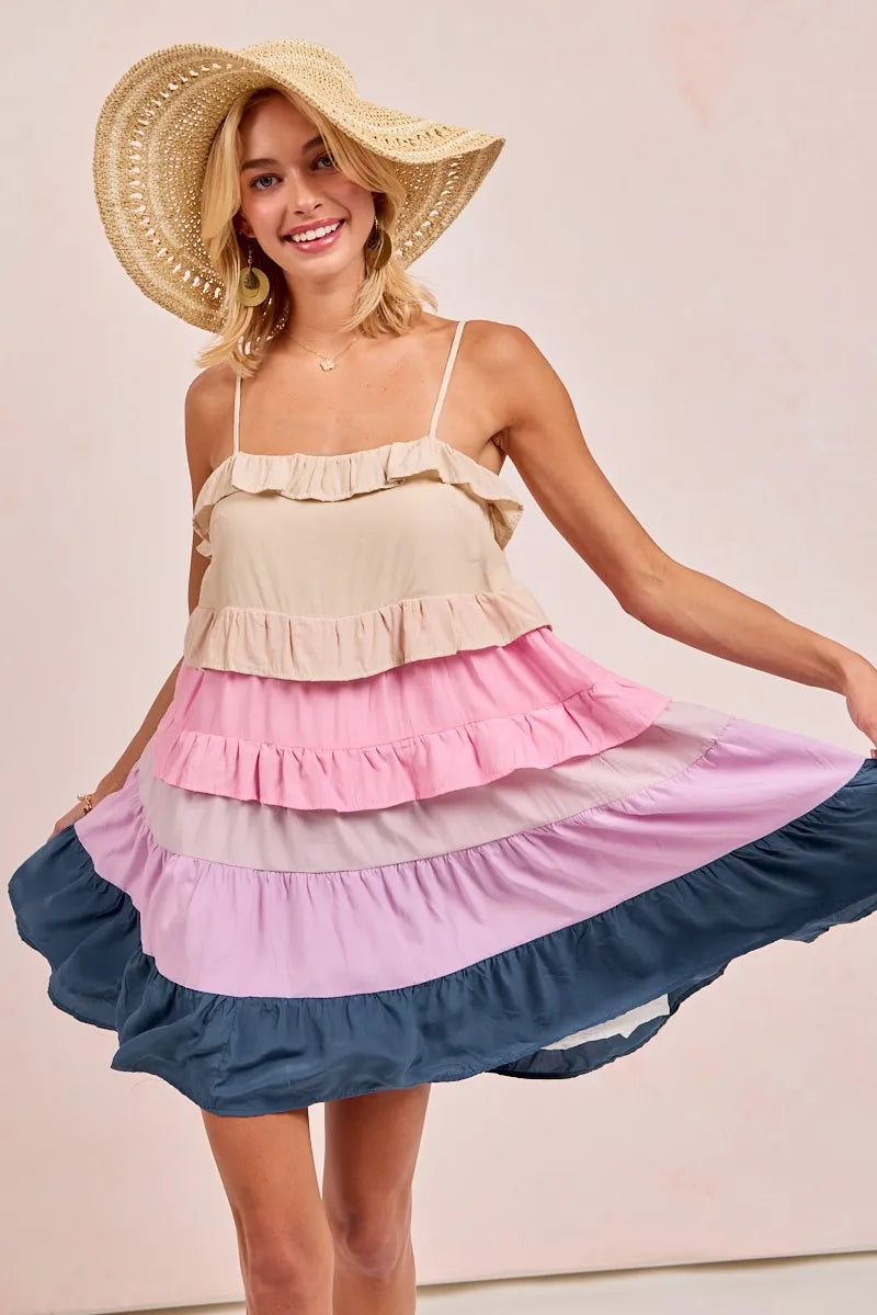 Stylish Color Block Tiered Dress for Women - Trendy Flowy Midi Dress for Casual Outings & Summer Parties