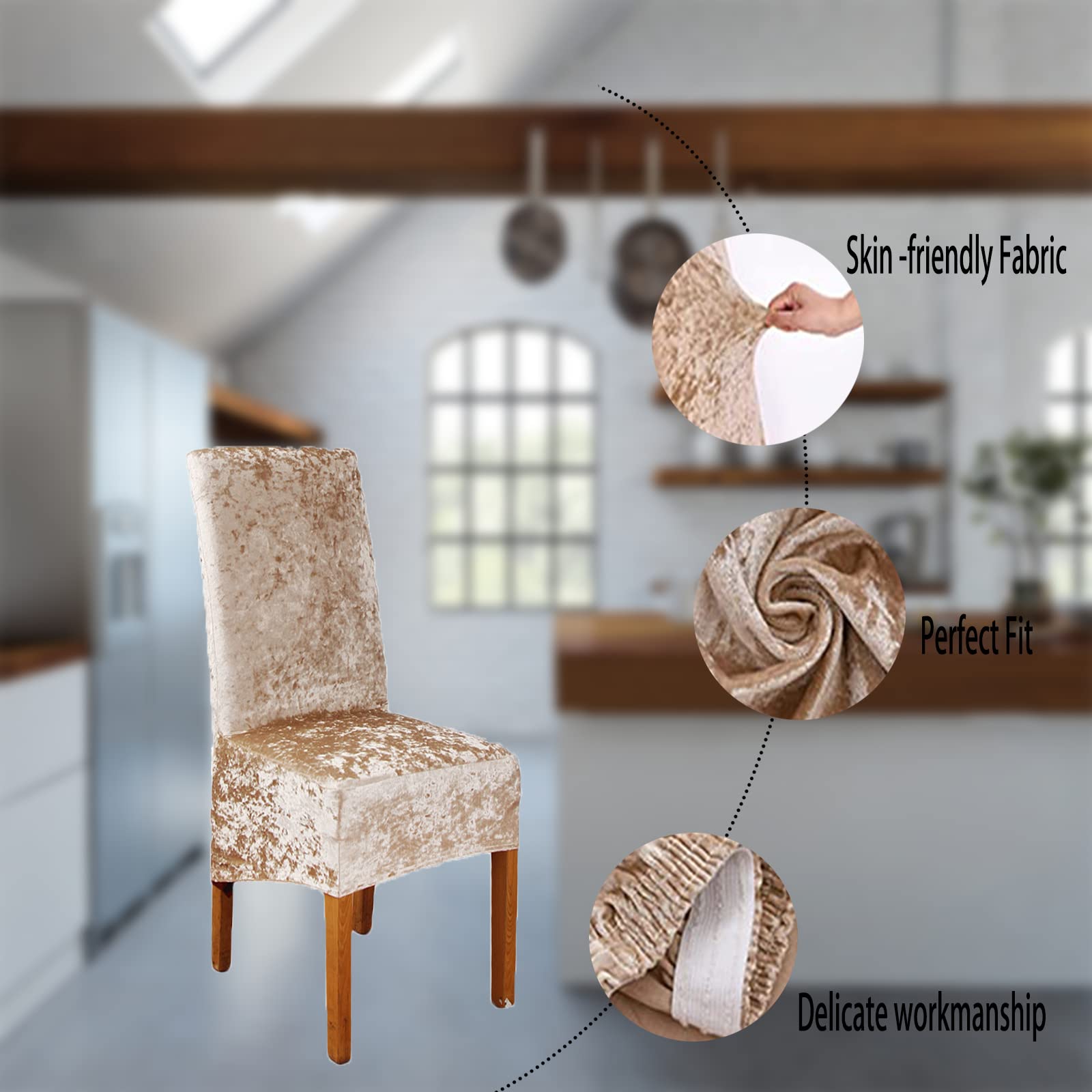 Luxury Crushed Velvet XL Dining Chair Covers - Stretchable Elastic Slipcovers for Chairs - Protective Seat Covers for Wedding, Banquet, Party & Home Decor - Champagne (Set of 4) | Perfect for Formal Dinners, Holiday Gatherings & Event Decorations