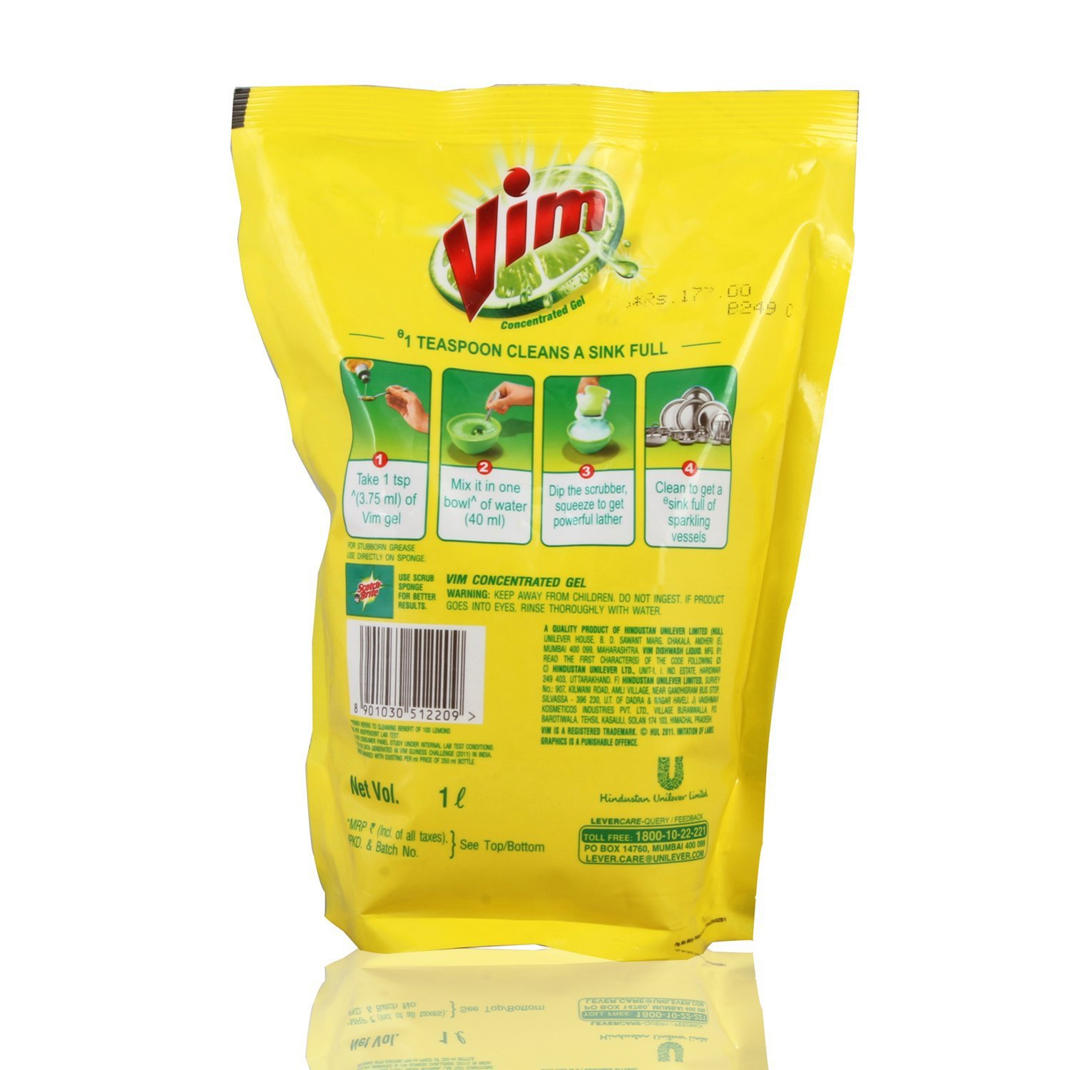 Vim Dishwashing Gel - 1 Liter Pouch | Powerful Degreasing Formula for Kitchen Cleaning | Perfect for Pots, Pans & Utensils