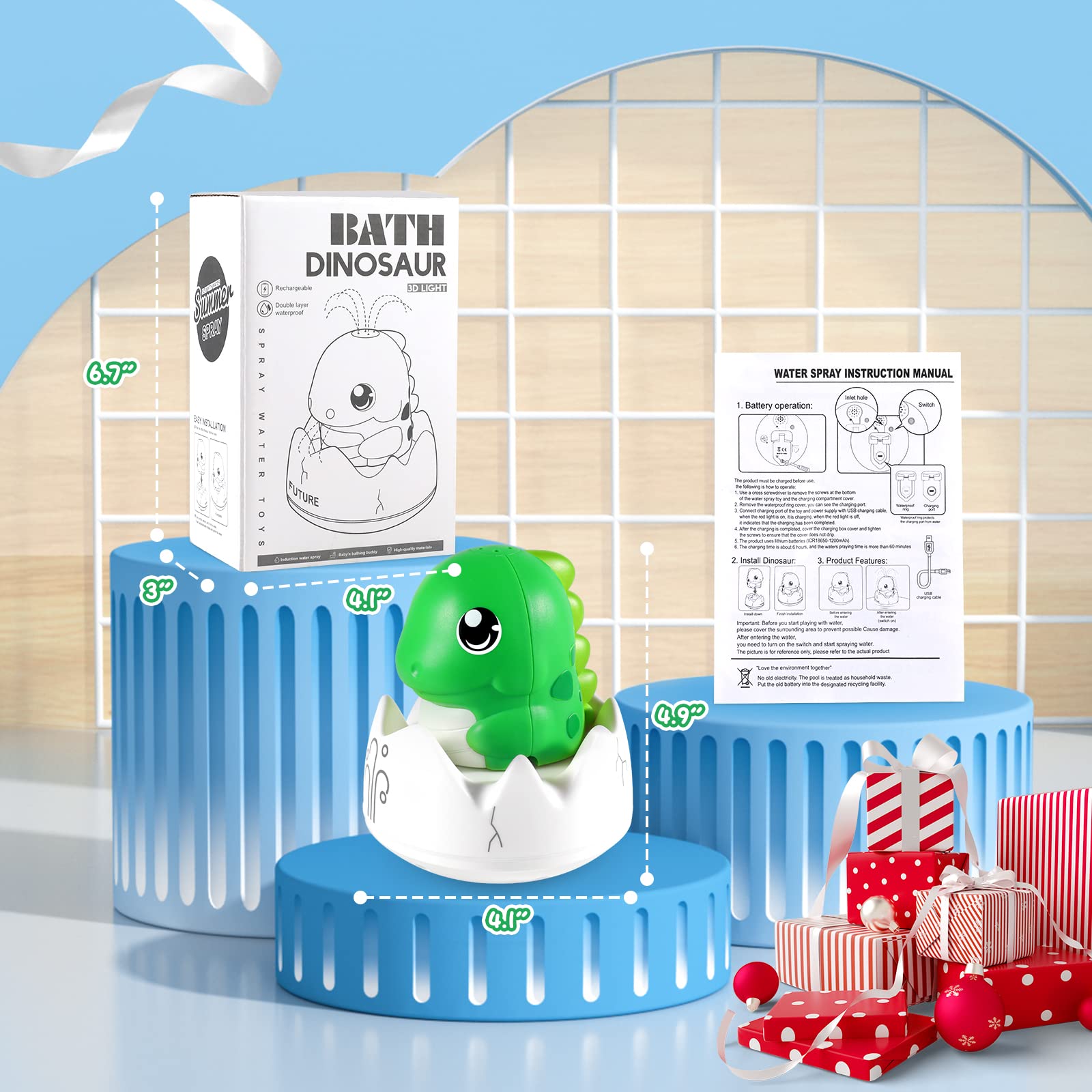 Rechargeable Baby Bath Toys - Funny Water Squirting Dinosaur Bath Toys with LED Lights, 1200mAh Long-Lasting Battery (150+ Minutes) - Toddler Bathtub Toys for Boys & Girls, Summer Pool Bathroom Toys (Dark Green) | Perfect for Bath Time Fun, Sensory Play & Summer Water Activities