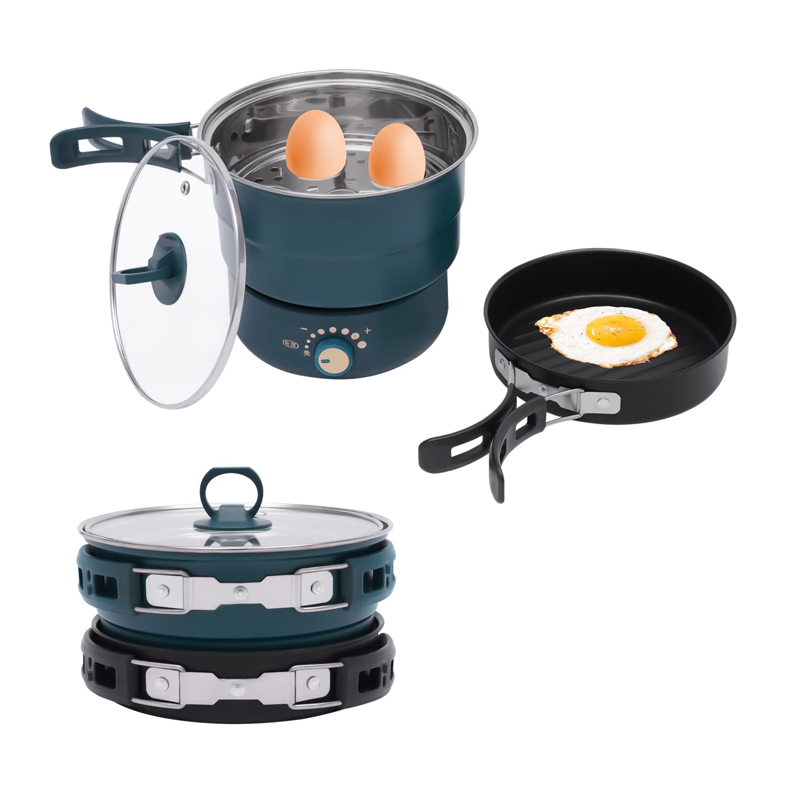 LYNICESHOP 110V Electric Hot Pot Cooker with Steamer - Portable Mini Travel Non-Stick Electric Skillet for Ramen, Pasta, Soup & More - Perfect for Dorms, Camping & Small Kitchens (Green)