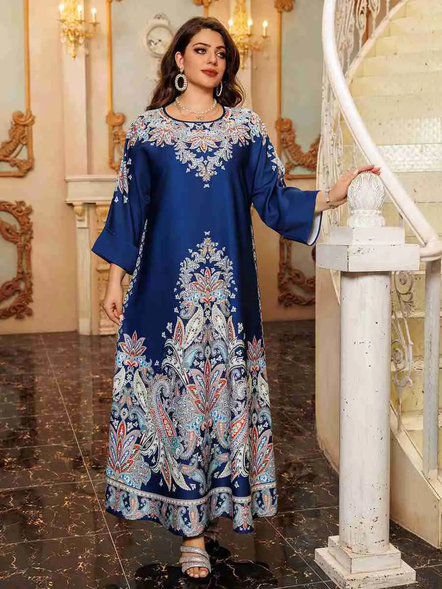 Elegant Hotfix Rhinestone Printed Caftan Kaftan Dress for Women - Perfect for Eid Celebrations, Weddings & Special Occasions