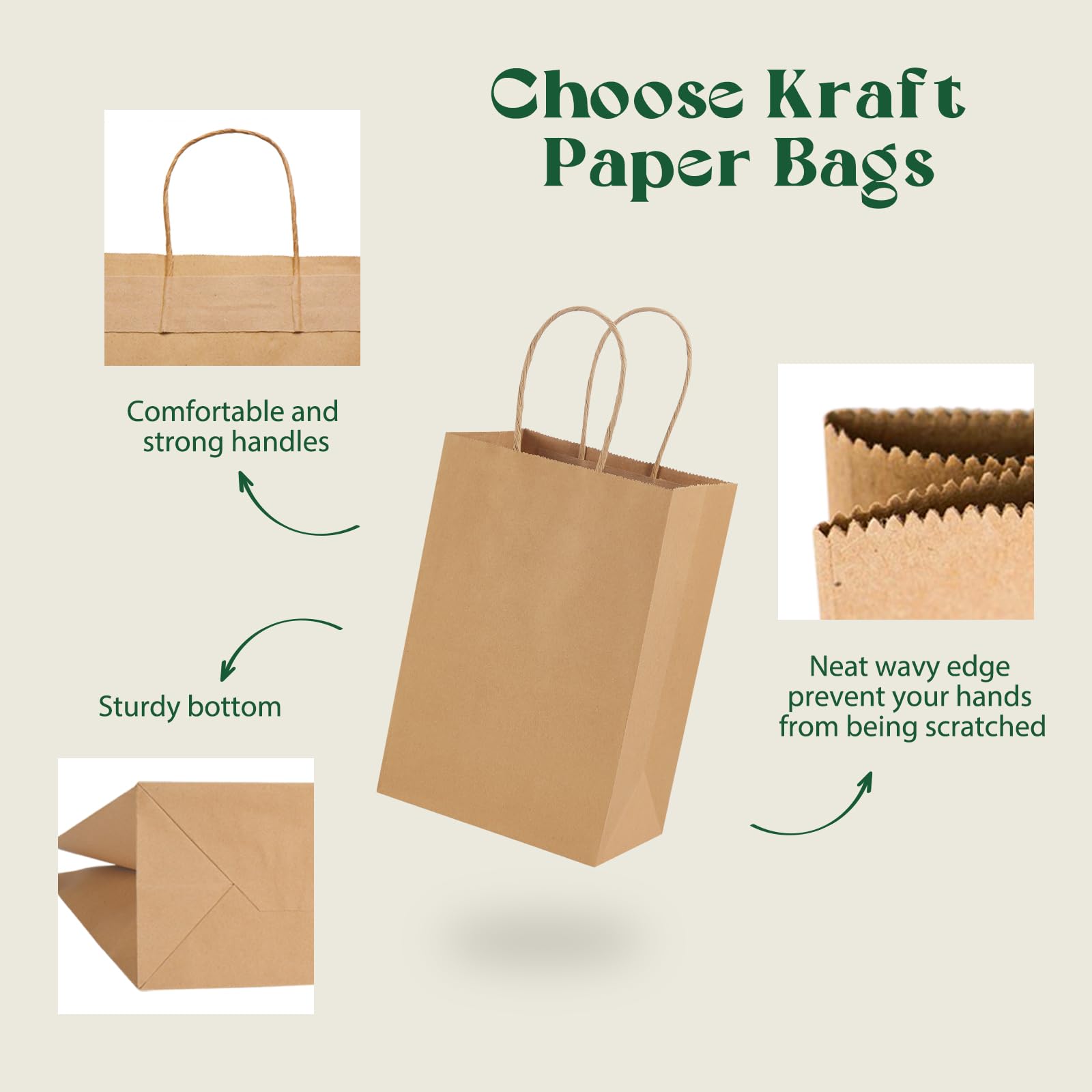 100-Pack MESHA Kraft Paper Gift Bags 5.25x3.75x8 Inches - Eco-Friendly Brown Small Shopping Bags with Handles for Retail, Birthday, Wedding Favors & Party Decor | Bulk Wholesale for Small Businesses