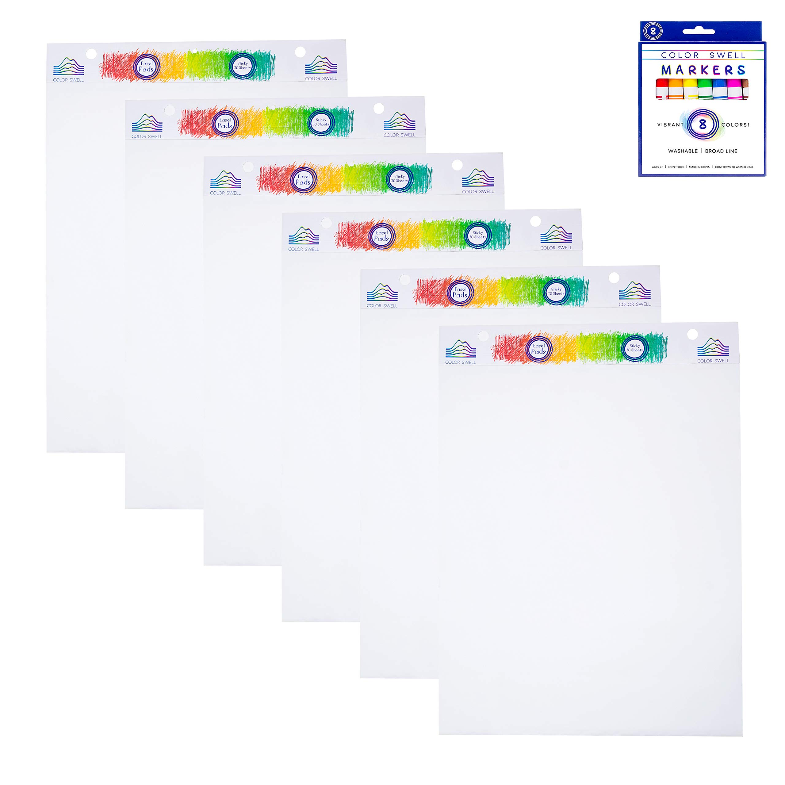 Color Swell 6 Pack Sticky Easel Pads - 30 Sheets Each with Bonus Washable Markers | Ideal for Office Meetings, Classroom Presentations, Group Brainstorming & Creative Work Sessions