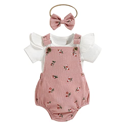 Yeahdor Newborn Baby Girl Outfit - Ruffle Ribbon Knit Top + Suspenders Romper Shorts + Headband Set | Cute Summer Photoshoot, Birthday Party, Family Gathering Outfits