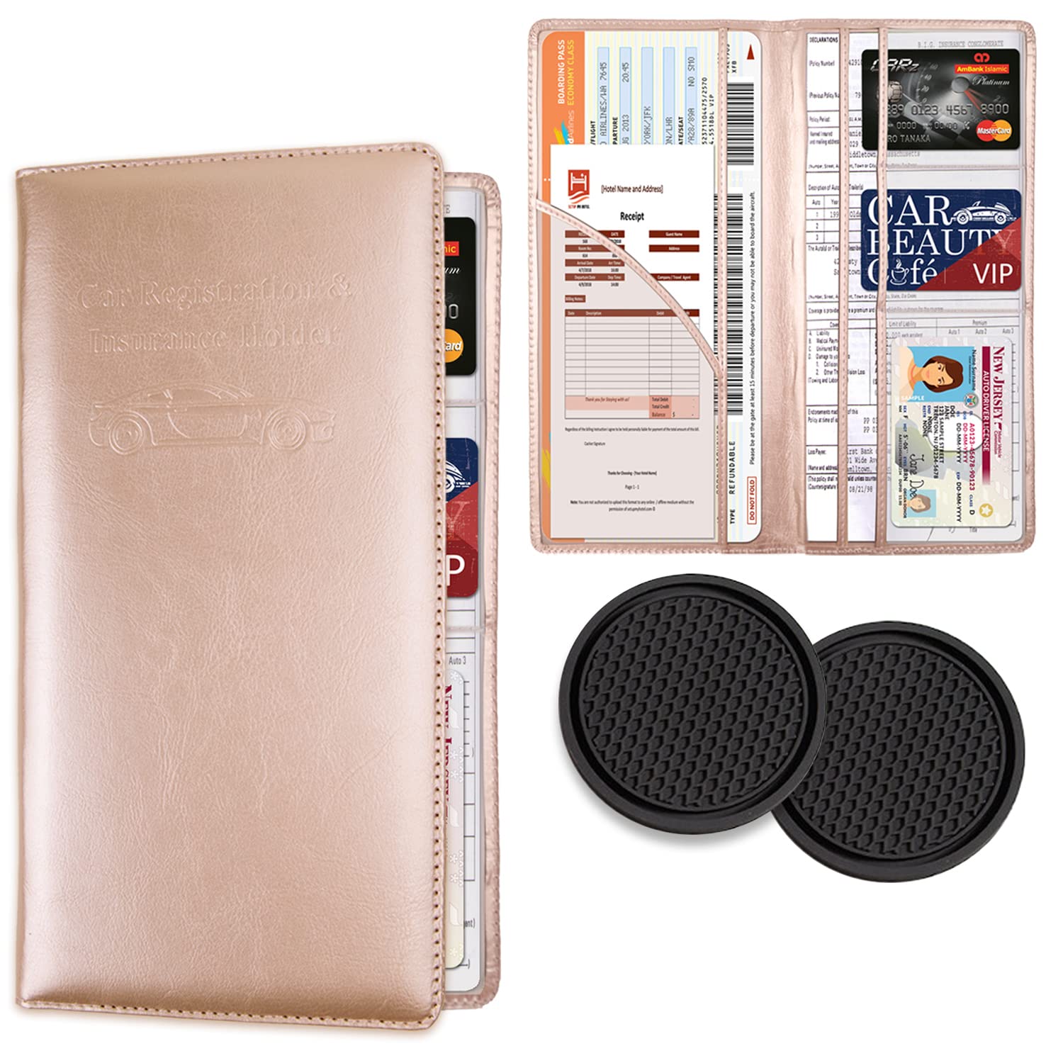 Premium Leather Car Registration & Insurance Holder with 2 Cup Holders - Vehicle Glove Box Organizer for Driver's License & Documents - Champagne Color - Perfect for Road Trips & Daily Commute