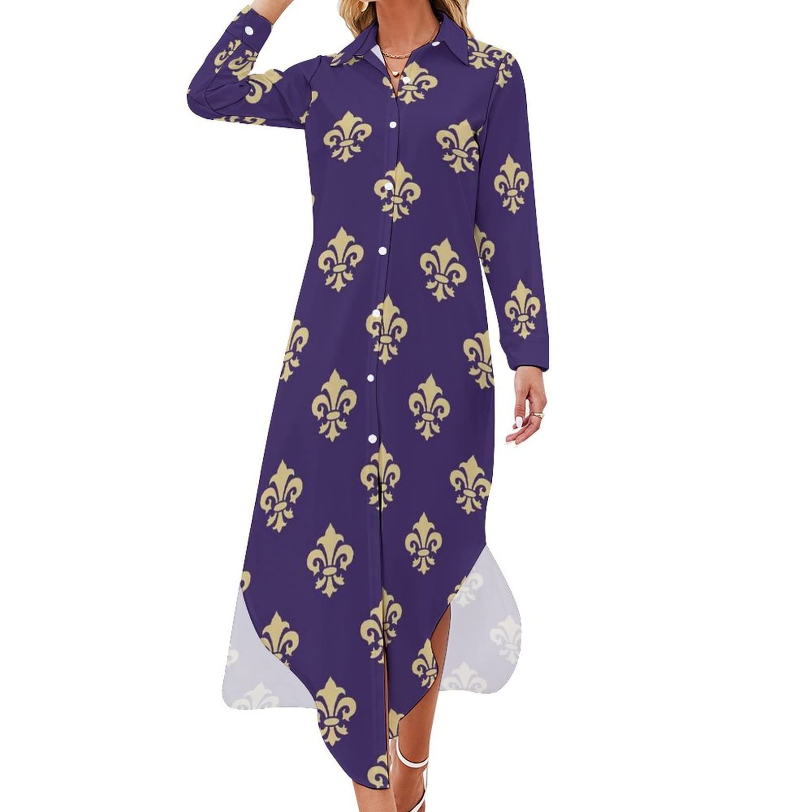 Fleur De Lis Mardi Gras Women's Long Sleeve Button Down Maxi Dress - Elegant Casual Blouse Shirt Dress for Party, Festival & Everyday Wear