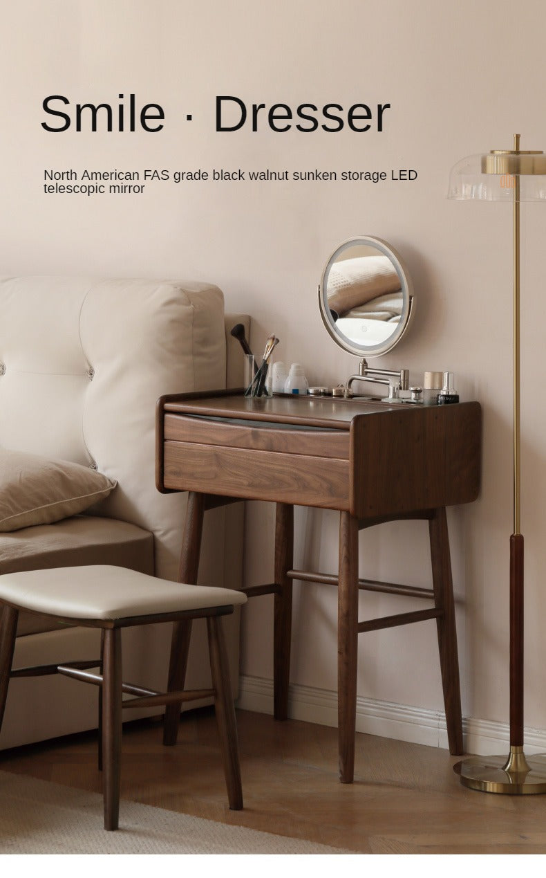 Premium Black Walnut Solid Wood Vanity Dresser with Mirror | Elegant Makeup Dressing Table for Bedroom & Bathroom | Natural Wooden Vanity Desk with Storage