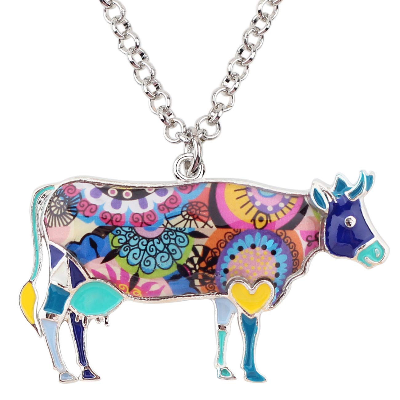 DUOWEI Zinc Alloy Cartoon Cow Necklace - Floral Enamel Bull Pendant Jewelry for Women & Girls | Unique Gift for Birthday, Valentine's Day & Everyday Wear