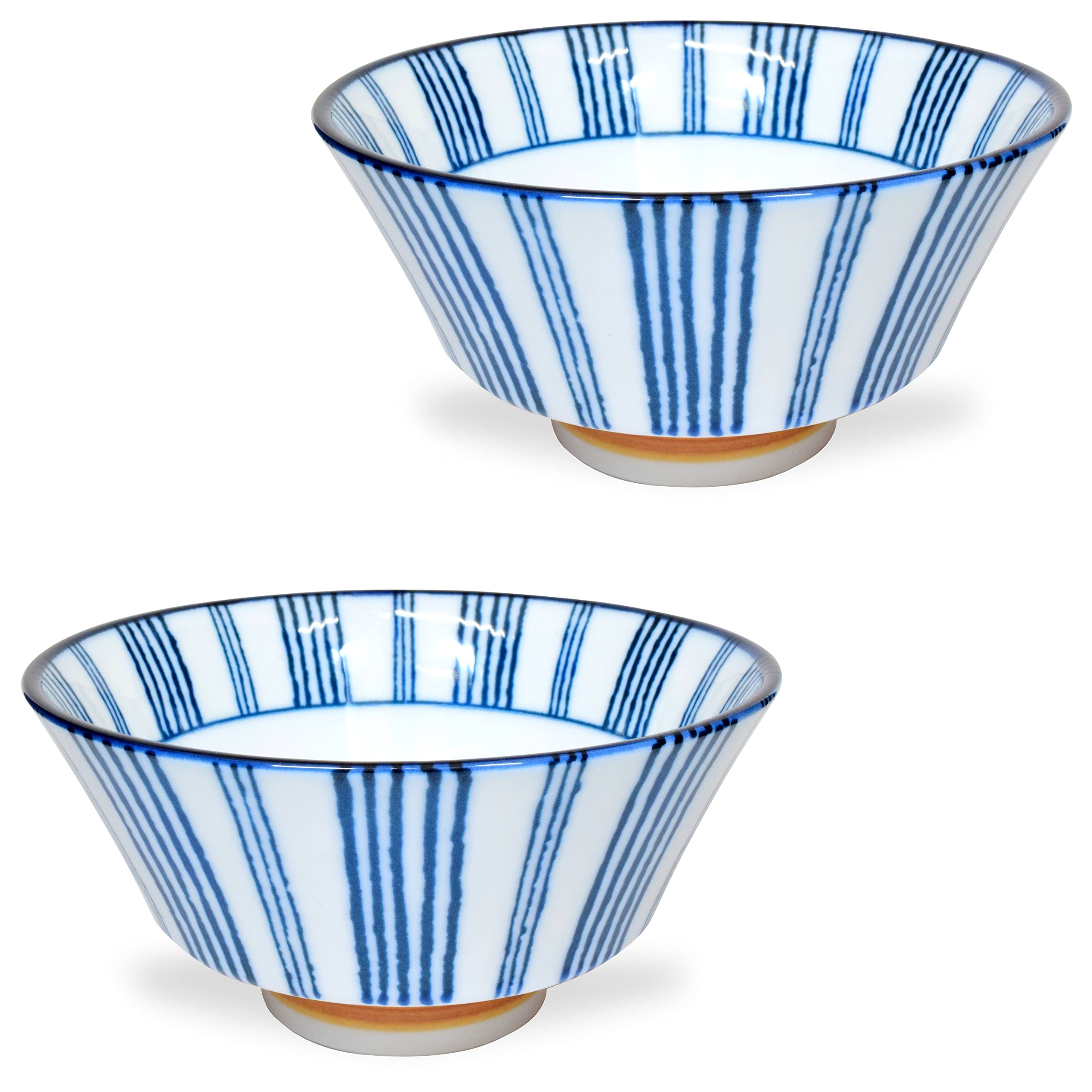 Traditional Japanese Mino Yaki Ceramic Rice Bowls Set of 2 - 11.8 fl oz Blue & White Shimamonn Pattern | Perfect for Soup, Noodle, Cereal, Salad, Pasta, Fruit & Dessert | Ideal for Asian Dining, Home Kitchen & Gift Giving