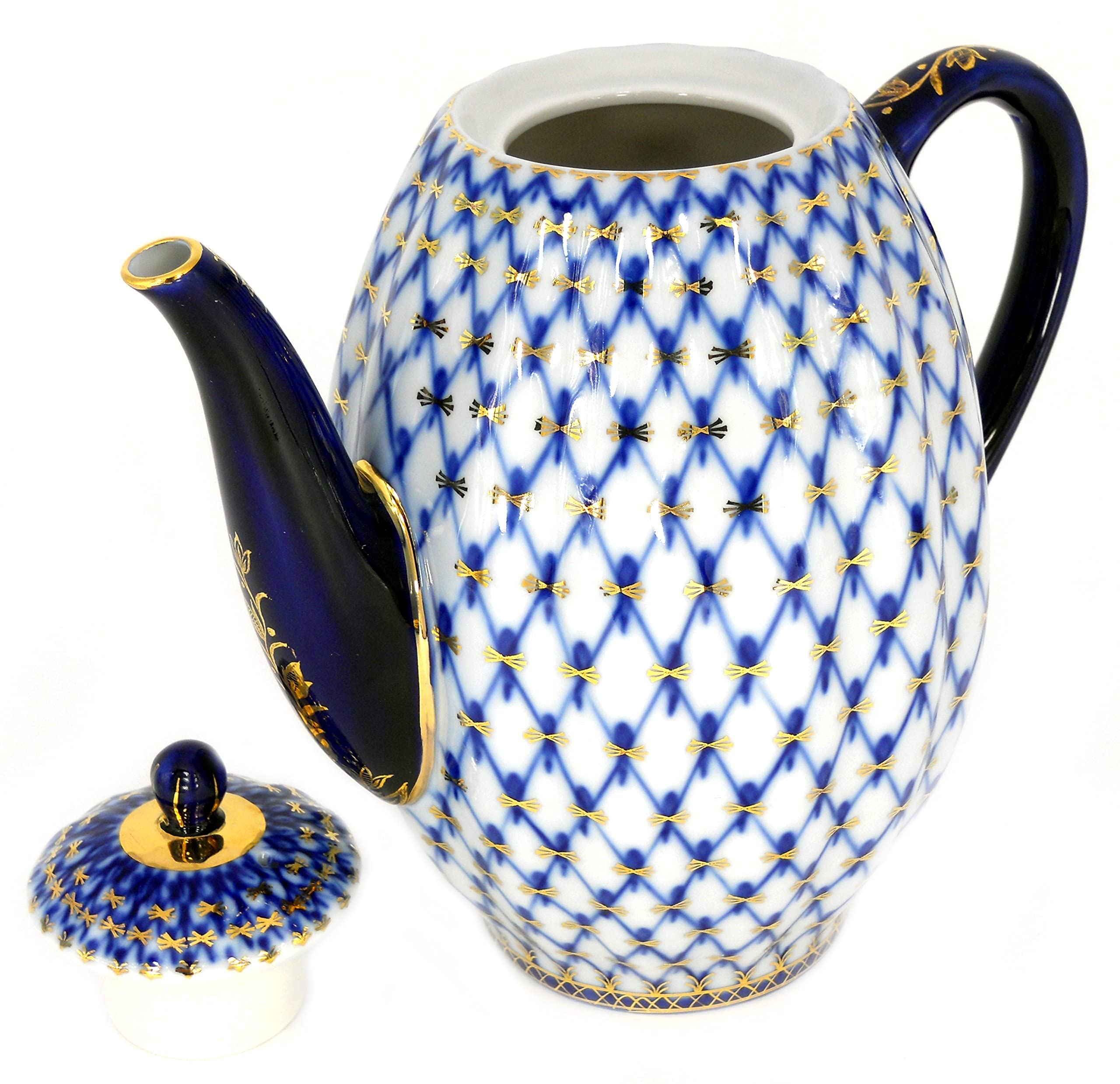 Lomonosov Porcelain 22K Gold Cobalt Net Coffee Pot - 8 Cups (40 oz/1200 ml) - Elegant Tea & Coffee Serving for Home, Office & Gifts