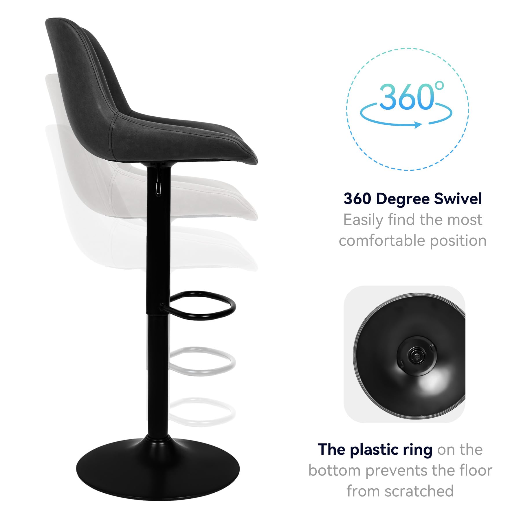Modern Adjustable Swivel Bar Stools Set of 2 with Backs - Counter Height Kitchen Island Chairs with Performance Fabric - Perfect for Home Bar, Breakfast Nook & Dining Area - Black