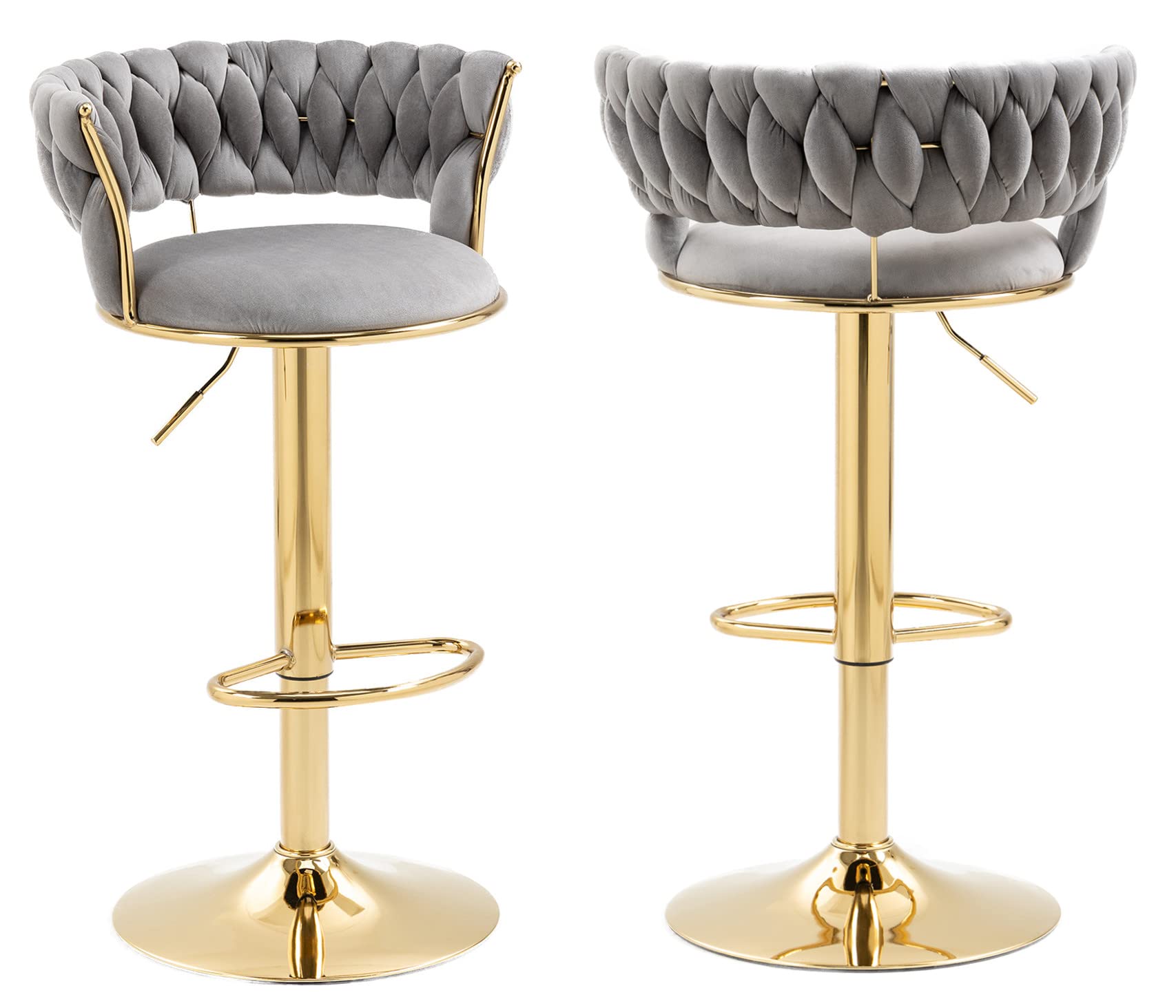 Kakotito 360° Swivel Bar Stools with Low Back & Footrest - Adjustable Height Counter Stools, Velvet Upholstery, Gold Metal Frame (Set of 2, Grey) - Perfect for Kitchen Islands, Breakfast Bars & Home Decor